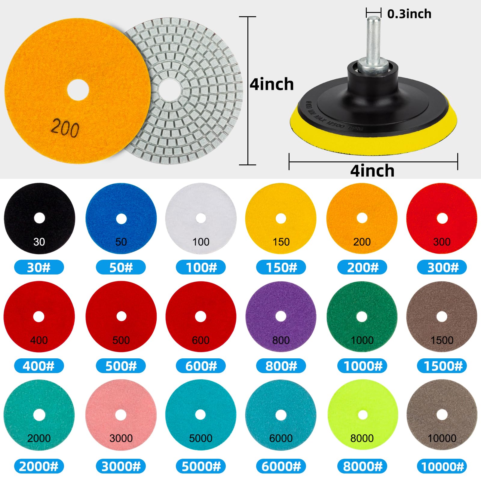 Tanzfrosch 18 Pack 4 inch Diamond Polishing Pads Set Wet/Dry Polishing Kit 18pcs 30#-10000# Grit Pads with 2pcs Hook and Loop Backer Pads for Granite Stone Concrete Marble Floor Grinder or Polisher