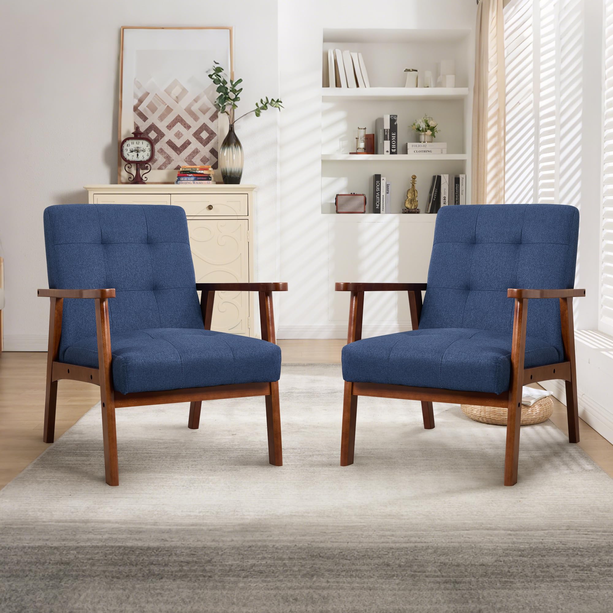 EBELLO Mid Century Accent Chair, Solid Wood Frame Lounge Chair with High-Resilience Thick Cushion, Upholstered Linen Fabric Armchair with Tufted Back for Living Room, Bedroom,Dark Blue,Set of 2
