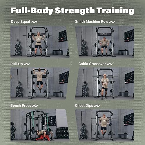 Miniatura 9 de Major Fitness Drone2 Smith Máquina  Estante para sentadillas todo en uno para gimnasio en casa con barra de peso, sistemas de tracción LAT duales y