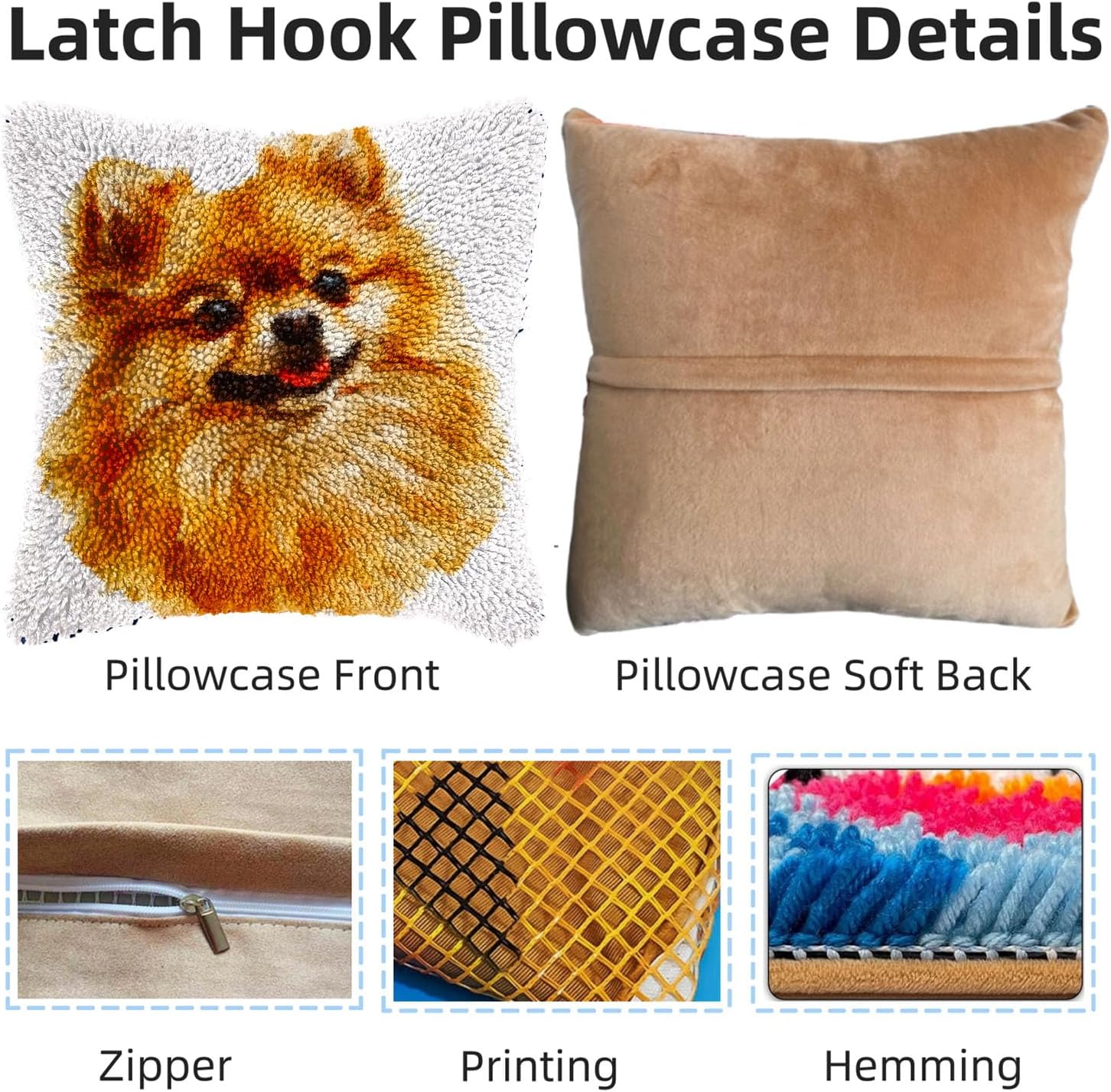 Cute Brown Pomeranian Dog DIY Latch Hook Pillow Kits for Adults Printed Pillowcase Crochet Yarns Hooking Handmade Pillow Cover Cushion for Home Sofa Decoration 17x17inch(1)