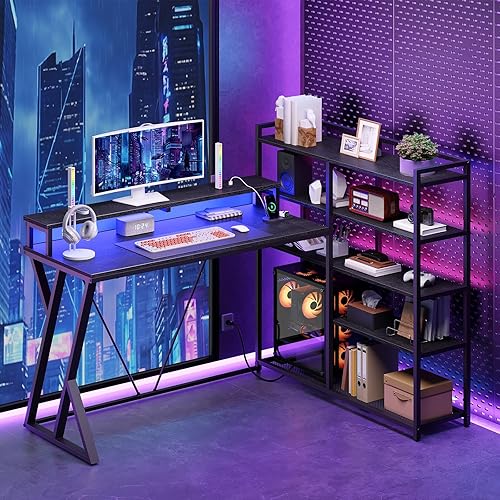 Escritorio para juegos en forma de L con estantes de almacenamiento de 5 niveles, escritorio reversible en forma de L de 53 pulgadas con toma de