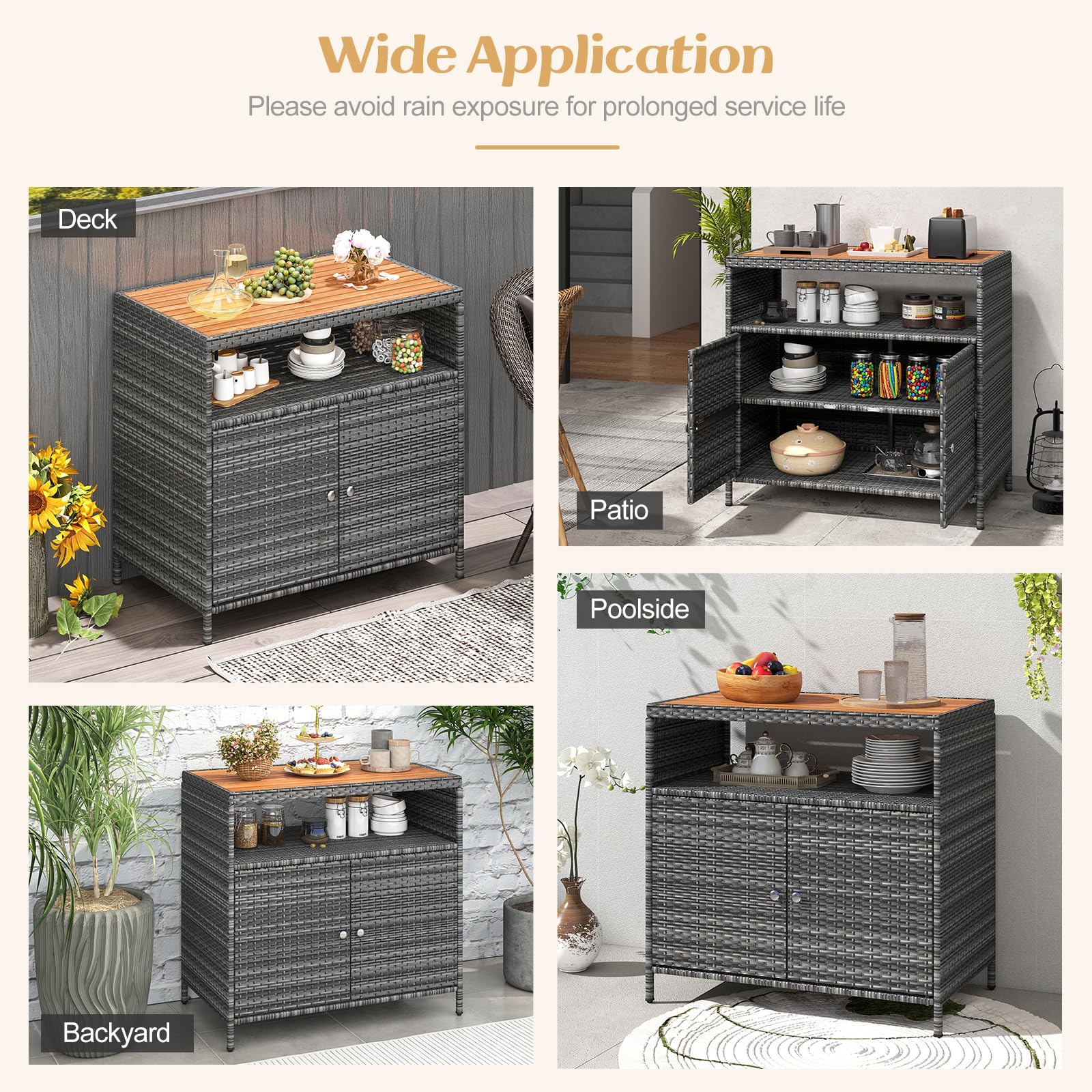 COSTWAY Gartenschrank Rattan Terrassenschrank Akazienholz-Arbeitsplatte Doppeltür Outdoor Aufbewahrungsschrank 90x53x86 cm Grau
