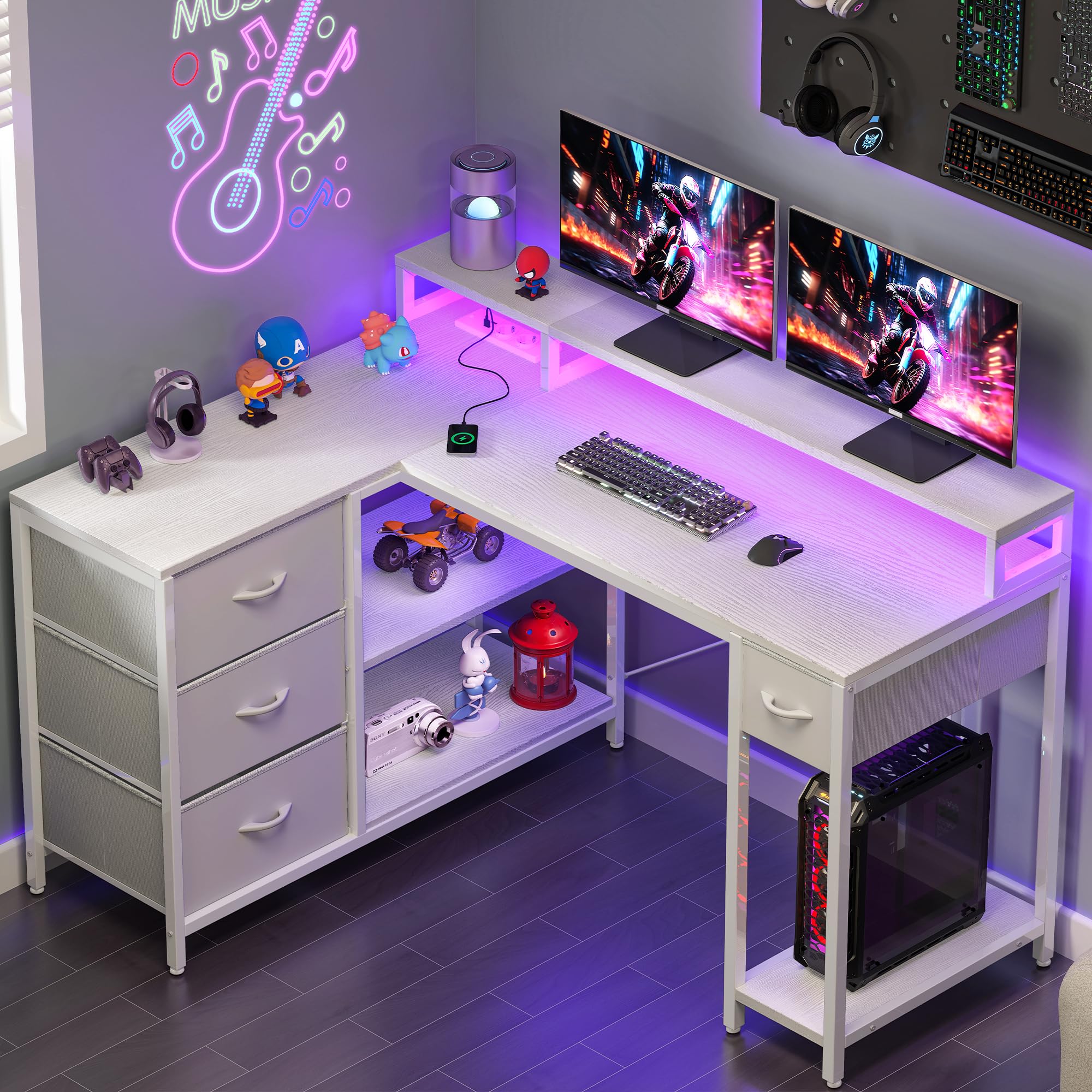 YITAHOME L Form Schreibtisch mit USB Ladeanschluss und Steckdose,Reversible Eckschreibtisch mit 4 Schubladen und Regal,Gaming Schreibtische mit Monitorständer,140x100 cm Computertisch für Büro,weiß
