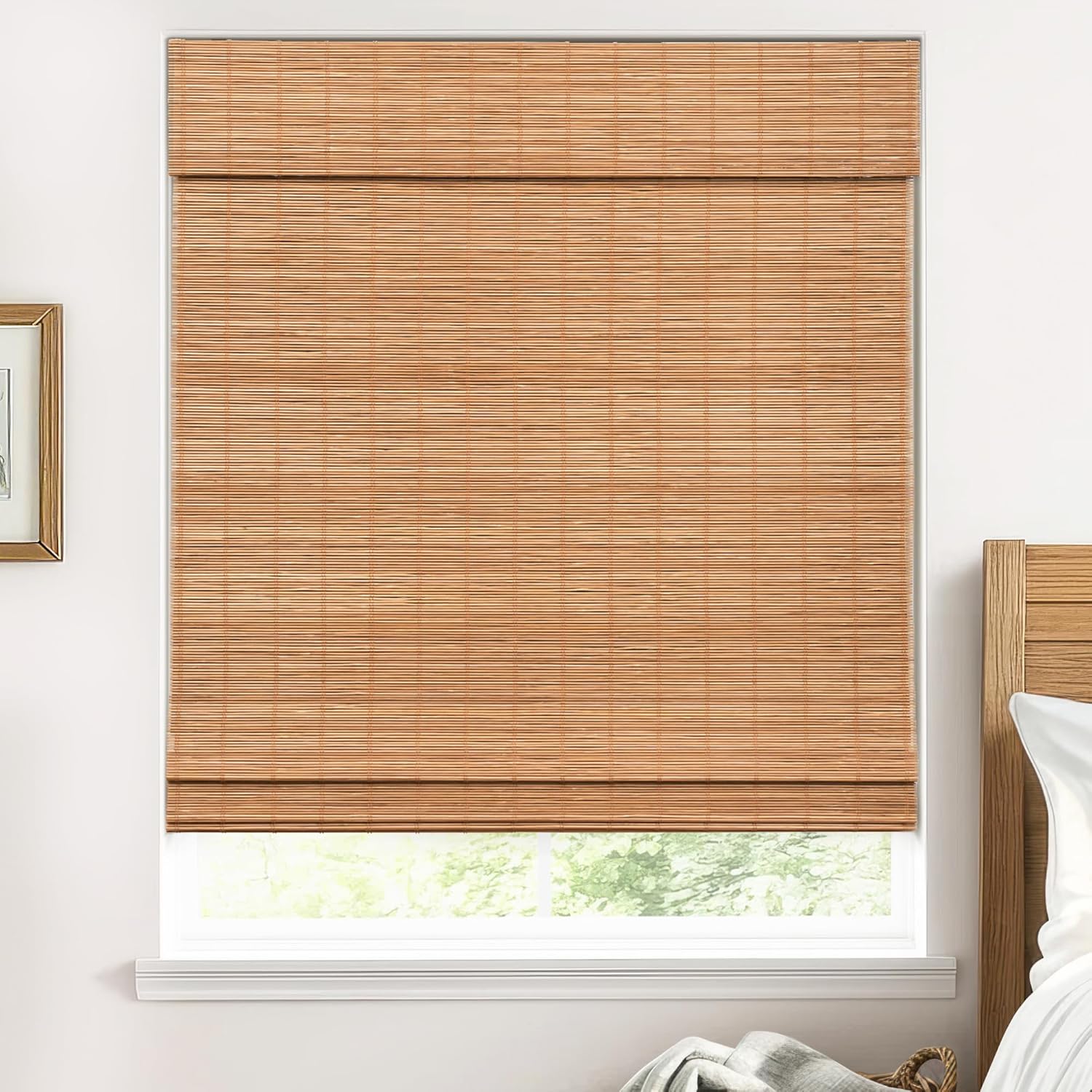 Cordless Bamboo Roman Shades for Windows, 100% Blackout Backing Fabric for Light Blocking, 33" W × 64" H - Papara Carbon Blackout - Papara Carbon 33" W × 64" H