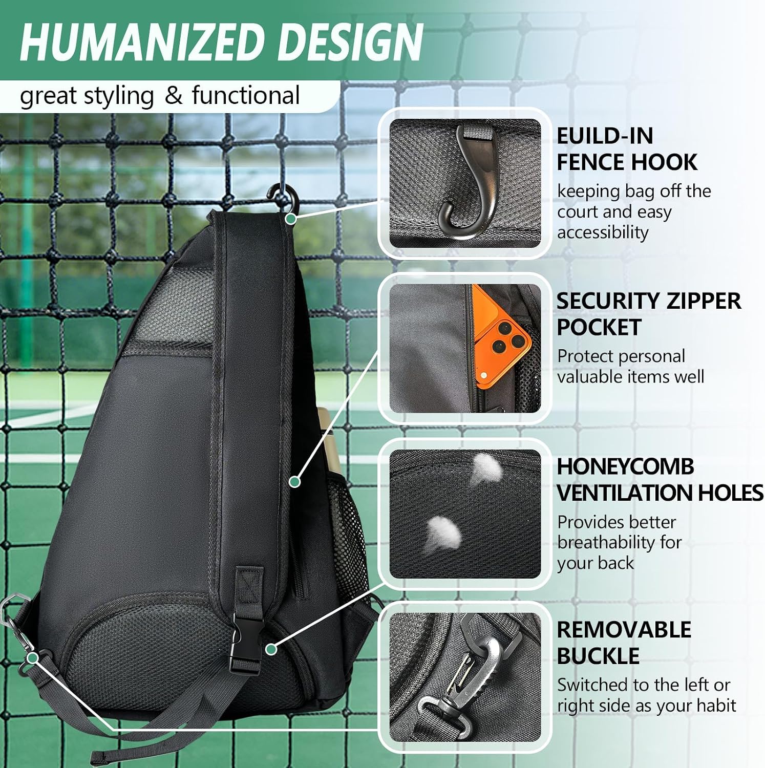 SSZYace Tennis Bag, Tennis Sling Bag for Pickleball Badminton Racket | Water Resistant for Men Women, Multiple Pockets, Versatile Tennis Backpack, Beige, Adjustable single shoulder strap