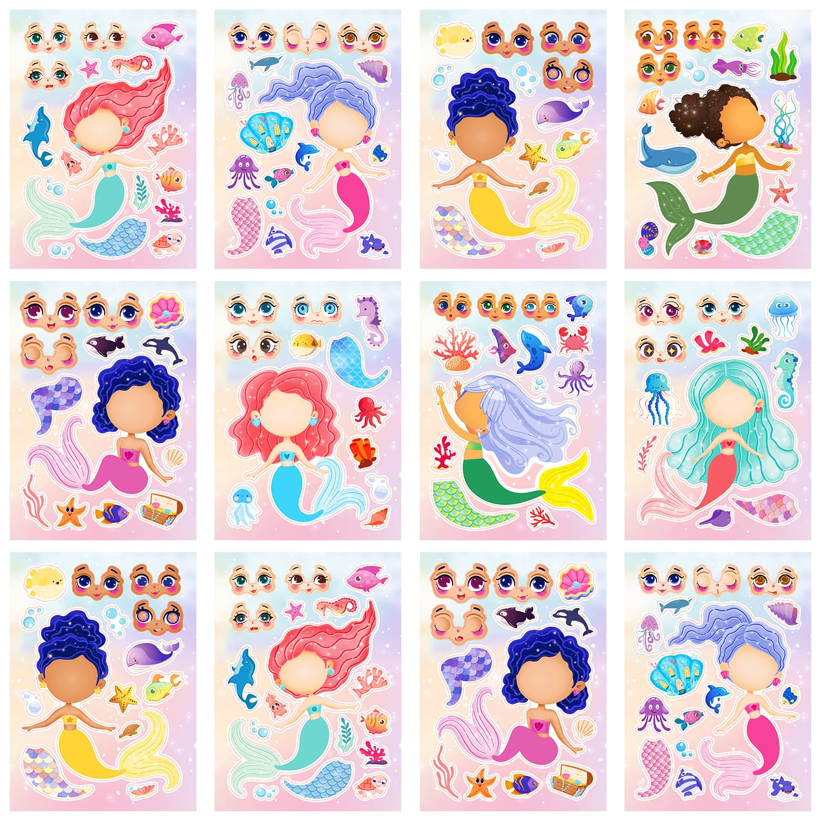 24 Sheets 8.27''×5.9'' Make Your Own Mermaid Stickers for Kids Toddlers, Make a Face Stickers for Kids Party Favors Activities