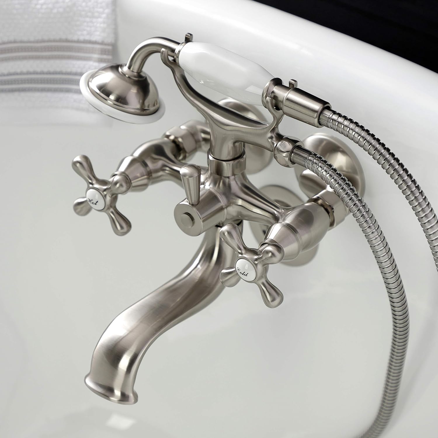 Kingston Brass KS225SN Kingston Wall Mount Clawfoot Tub Faucet with Hand Shower, Brushed Nickel