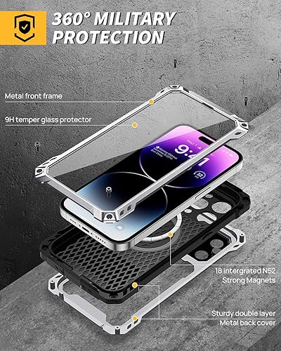 Miniatura 8 de Lanhiem Funda magnética de metal para iPhone 14 Pro, soporte de cámara integrado y protector de pantalla de cristal, resistente cuerpo completo,