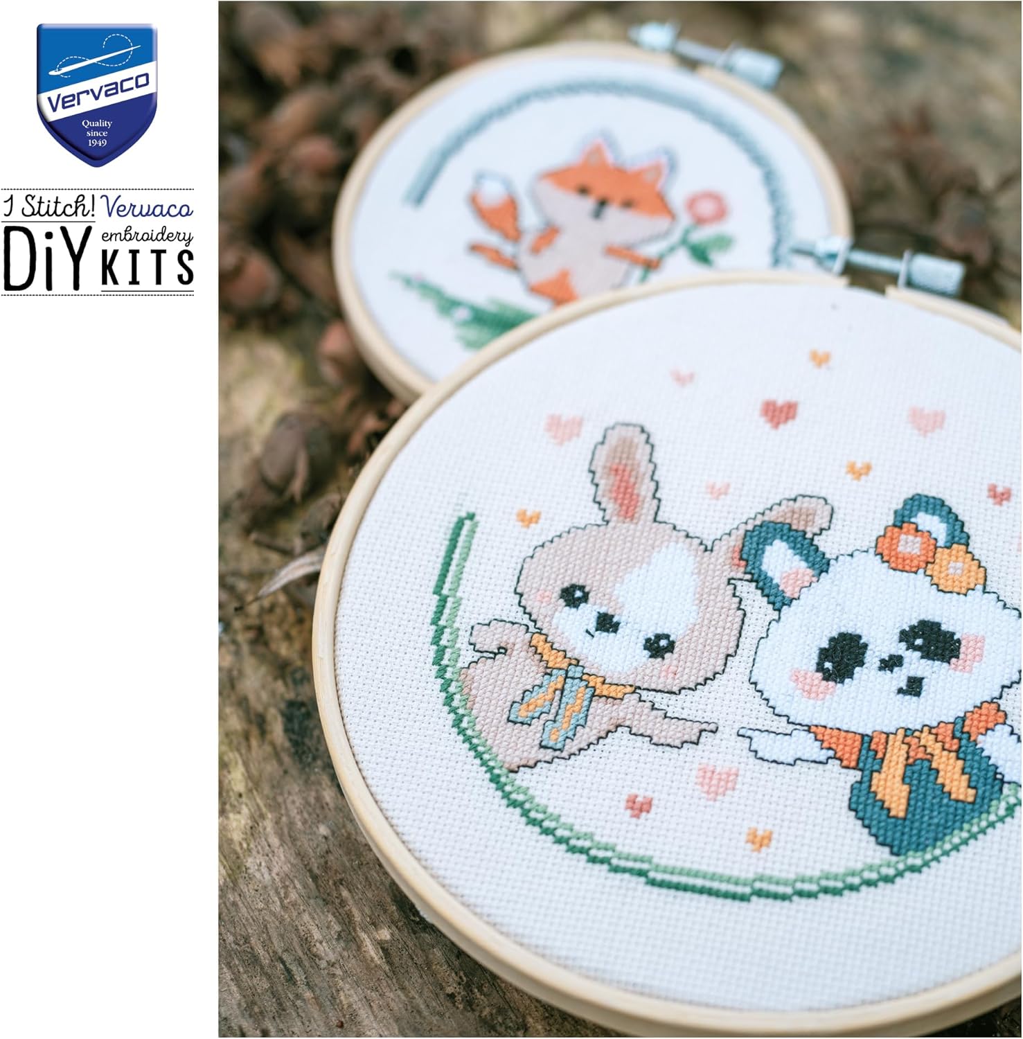 Vervaco Cross Stitch Kit Picture with Hoop Panda and Bunny Love Decoration DIY Creative Kit Crafts Wall Art Embroidery Kit Beginners Gift ca. 16 x 16 cm Cross Stitch Embroidery