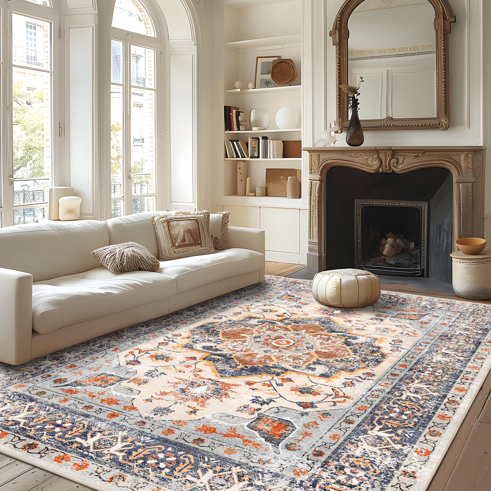 vk vk·living machine washable rug 6'x9' vintage design washable area rugs with non slip rugs for living room bedroom traditional woven rug carpet stain resistant, dining office boho rug, (bright)