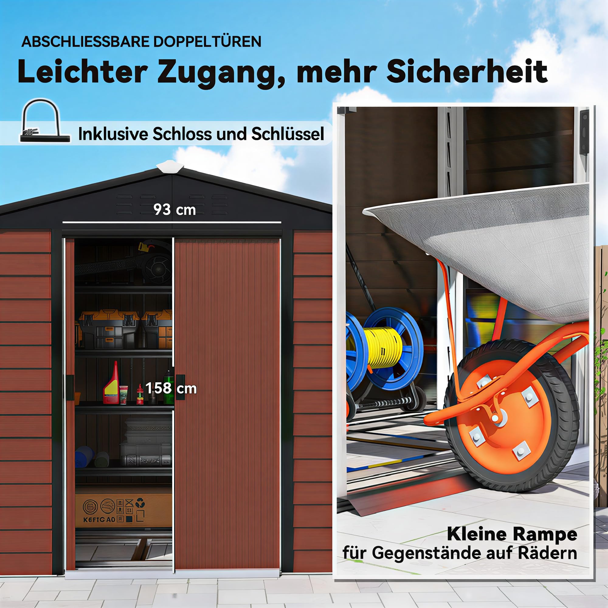 Outsunny Gerätehaus 4,4 m², Gartenhaus mit Pultdach, Schiebetür, Fundament, 240 x 206 x 198 cm, Verzinkter Stahl, wetterfest