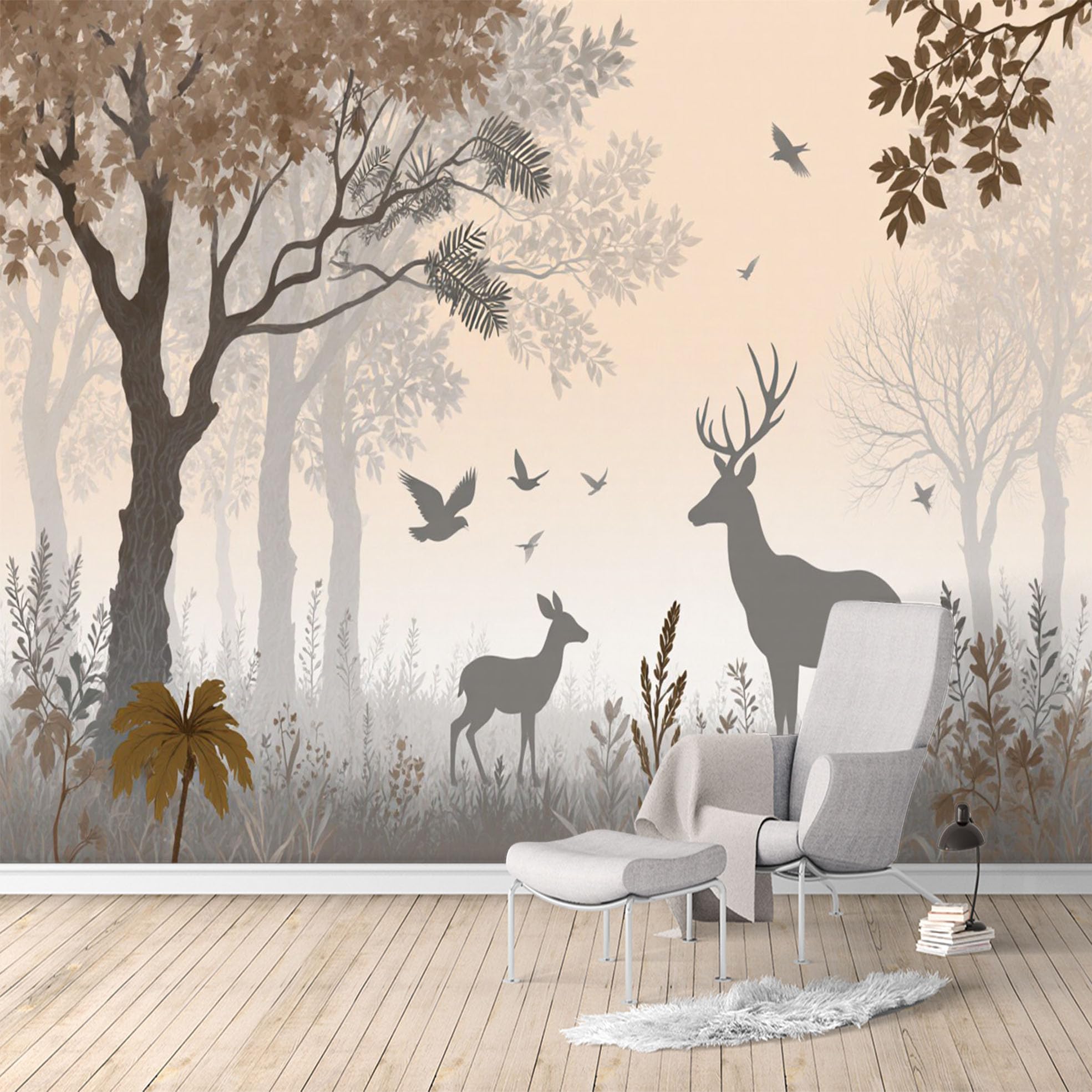 Custom Size Wall Murals, Forest Deer Birds Silhouette Foggy Woodland Landscape, Removable Self Adhesive Large Photo Wallpaper for Living Room Bedroom Office