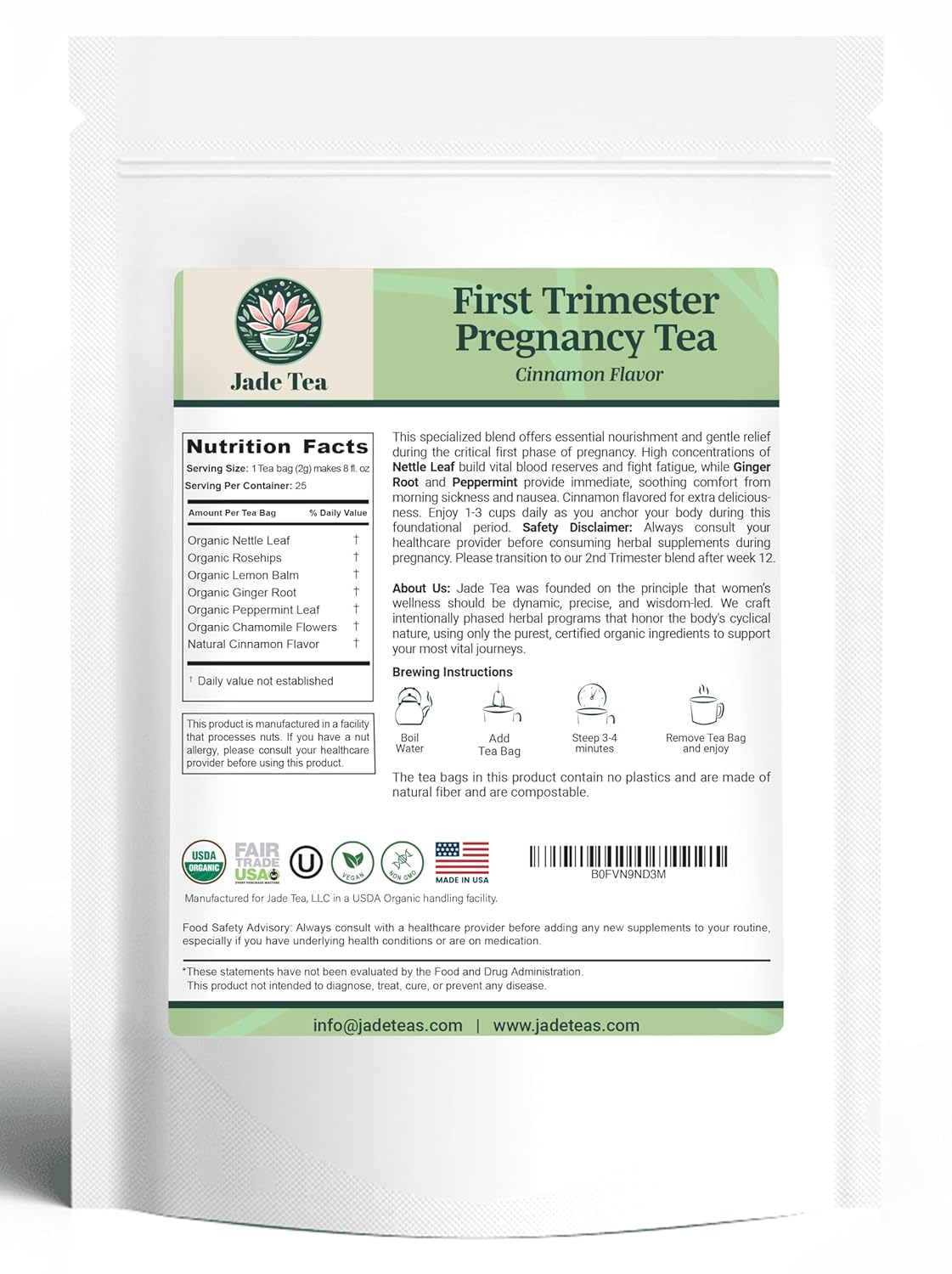 Jade Tea - Organic First Trimester Tea - Nurturing Pregnancy Tea | First Bloom | Gentle Morning Sickness Relief & Foundational Prenatal Nutrition | Caffeine-Free | Made In USA (Cinnamon)