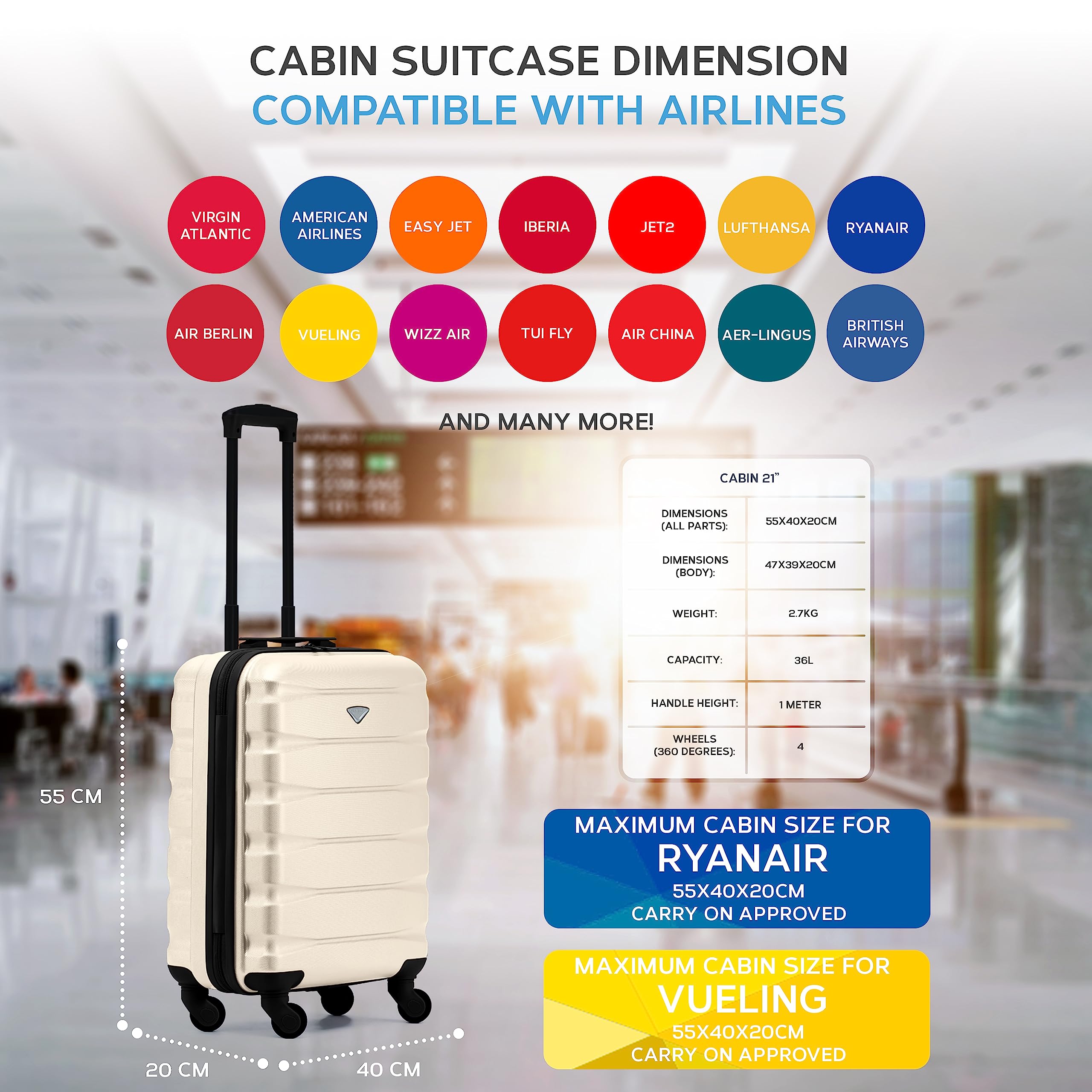 Flight Knight 55x40x20 Ryanair Priority Cabin Suitcase, Also for EasyJet, Jet2, Lightweight,ABS Hard Shell, Durable 4-Wheel Cabin Case, Carry-On Size 10kg Hand Luggage, Travel Bag- 55 x 40 x 20