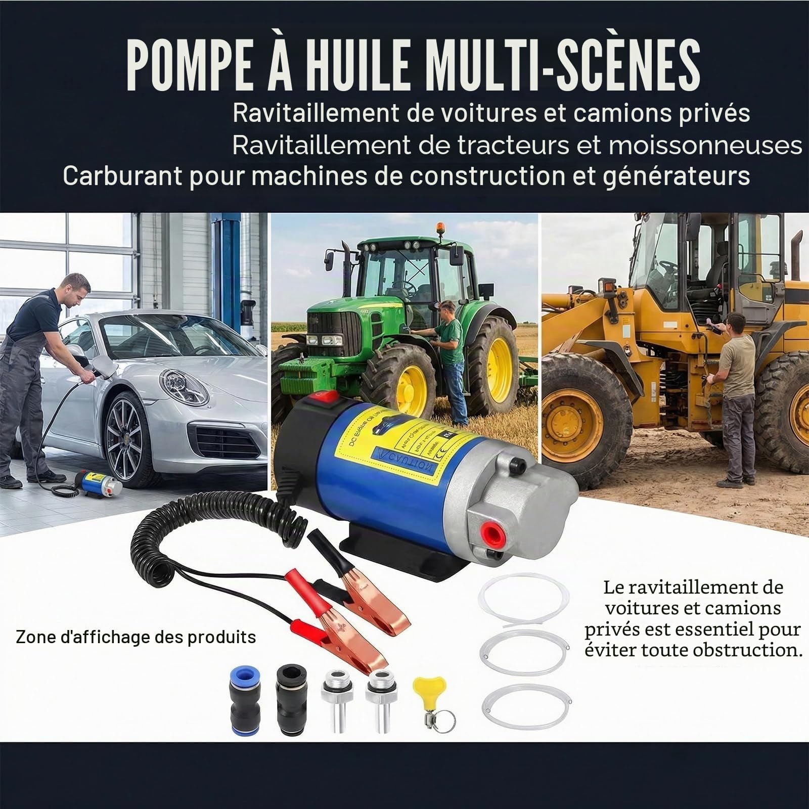 Pompe d'aspiration d'huile, 12 V 100 W, pompe d'aspiration électrique, pompe de vidange d'huile, pompe à diesel 2-3 l/min, pompe de transfert d'huile moteur électrique portable avec 3 tuyaux, pour