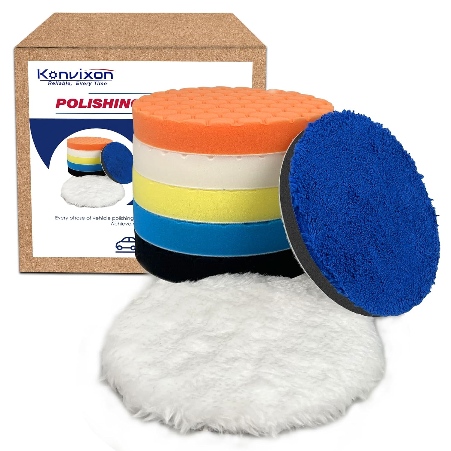 Buffing Polishing Pads 6 Inch - 7Pcs 150mm Face for 6 Inch 150mm Backing Plate, Car Compound Buffing Sponge Pads and Woolen Cutting Polish Pad Kit for Car Polishing and Waxing