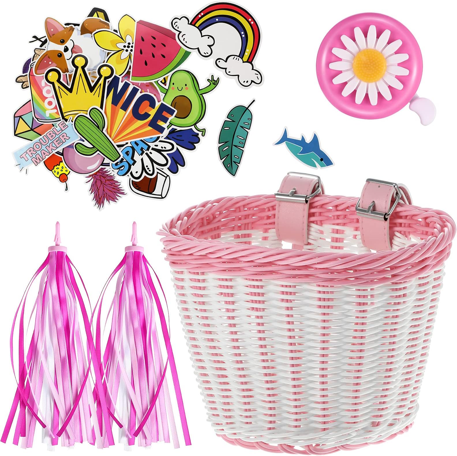 Kid's Bicycle Basket Streamers Set, Children's Bike Handlebar Wicker Basket with Colourful Bike Streamers Bell and Stickers, Bike Decoration Accessories Kit for Girls