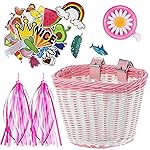 Boao Kid\'s Bicycle Basket Streamers Set, Unicorn Children\'s Bike Handlebar Wicker Basket Bike Streamers Bell and Stickers,Bike Basket Front Decoration for Girls (White and Pink)