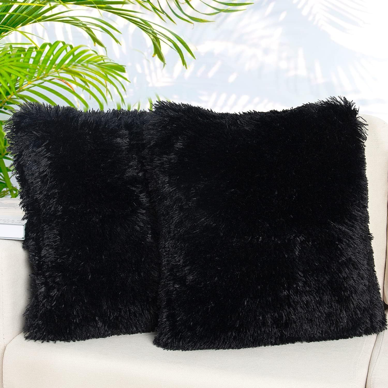 Set of 2 Decorative Throw Pillow Covers 18x18, Black Fluffy Pillow Covers New Luxury