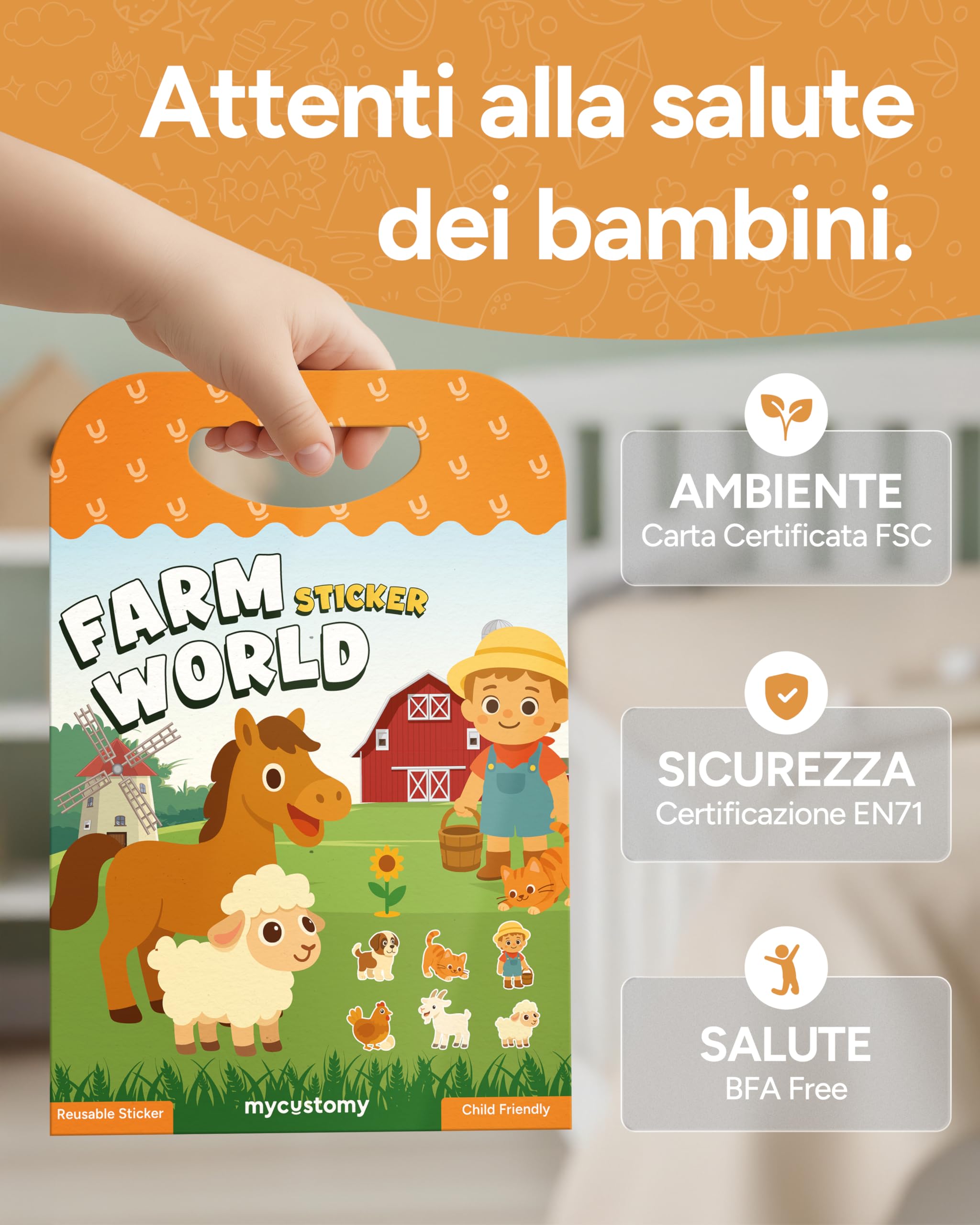 mycustomy - 6 Libri Stickers Bambini Attacca Stacca - BPA Free con 120 Adesivi Riutilizzabili e Lavabili