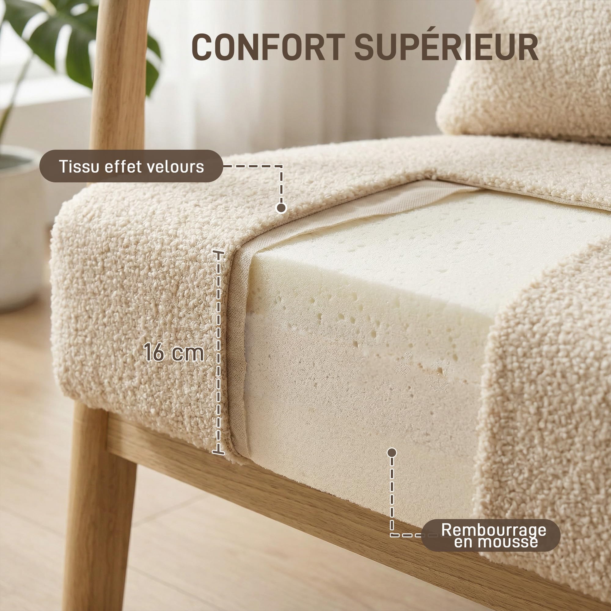 HOMCOM Fauteuil de Salon avec Cadre en Bois Massif Fauteuil Lounge - Assise Profonde - accoudoirs - Aspect Velours Beige