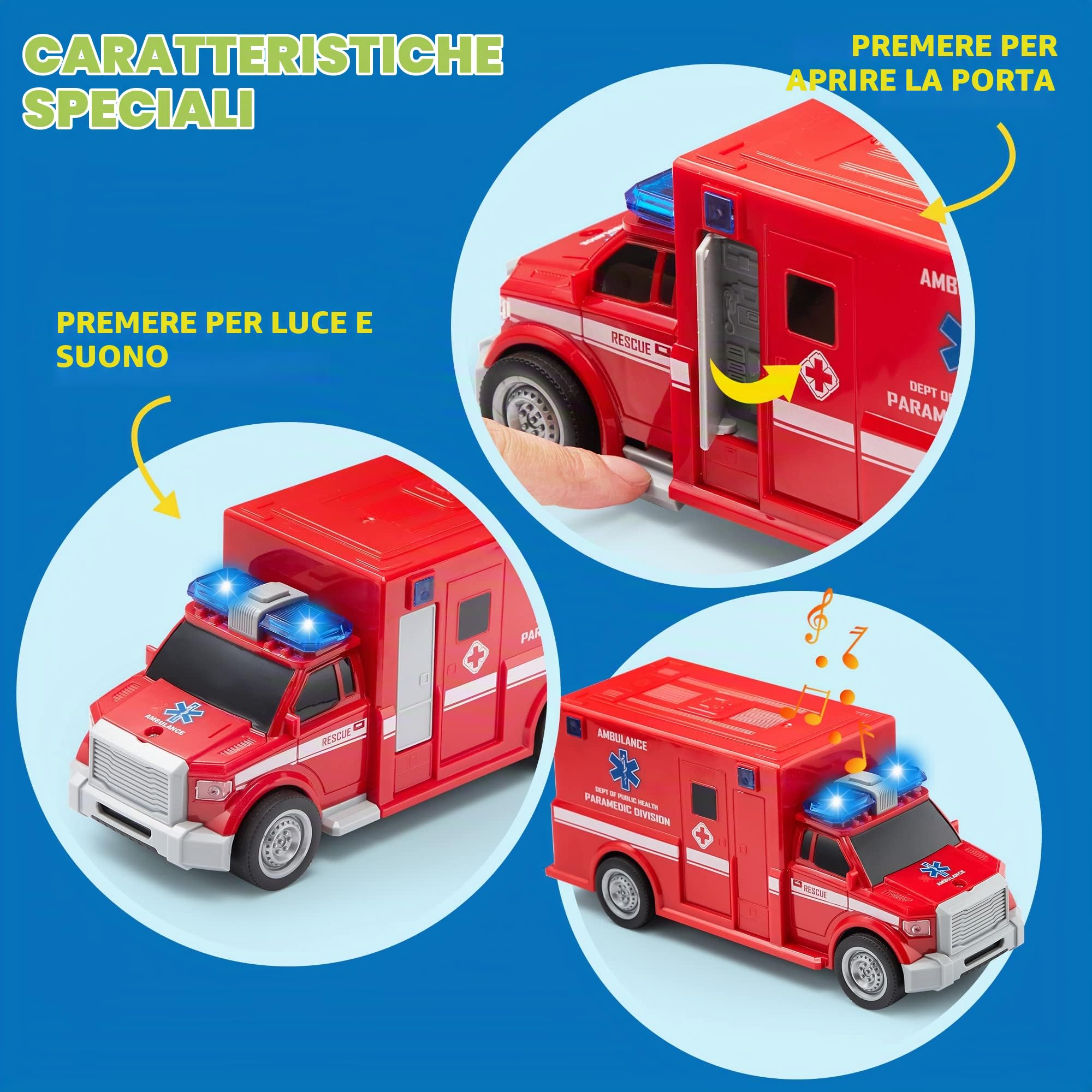 JOYIN 3 in 1 set Auto per Camion con Veicolo di Soccorso Antincendio Cittadino Alimentato a Frizione,Elicottero, Ambulanza e Autopompa Antincendio, con Luci e Suoni