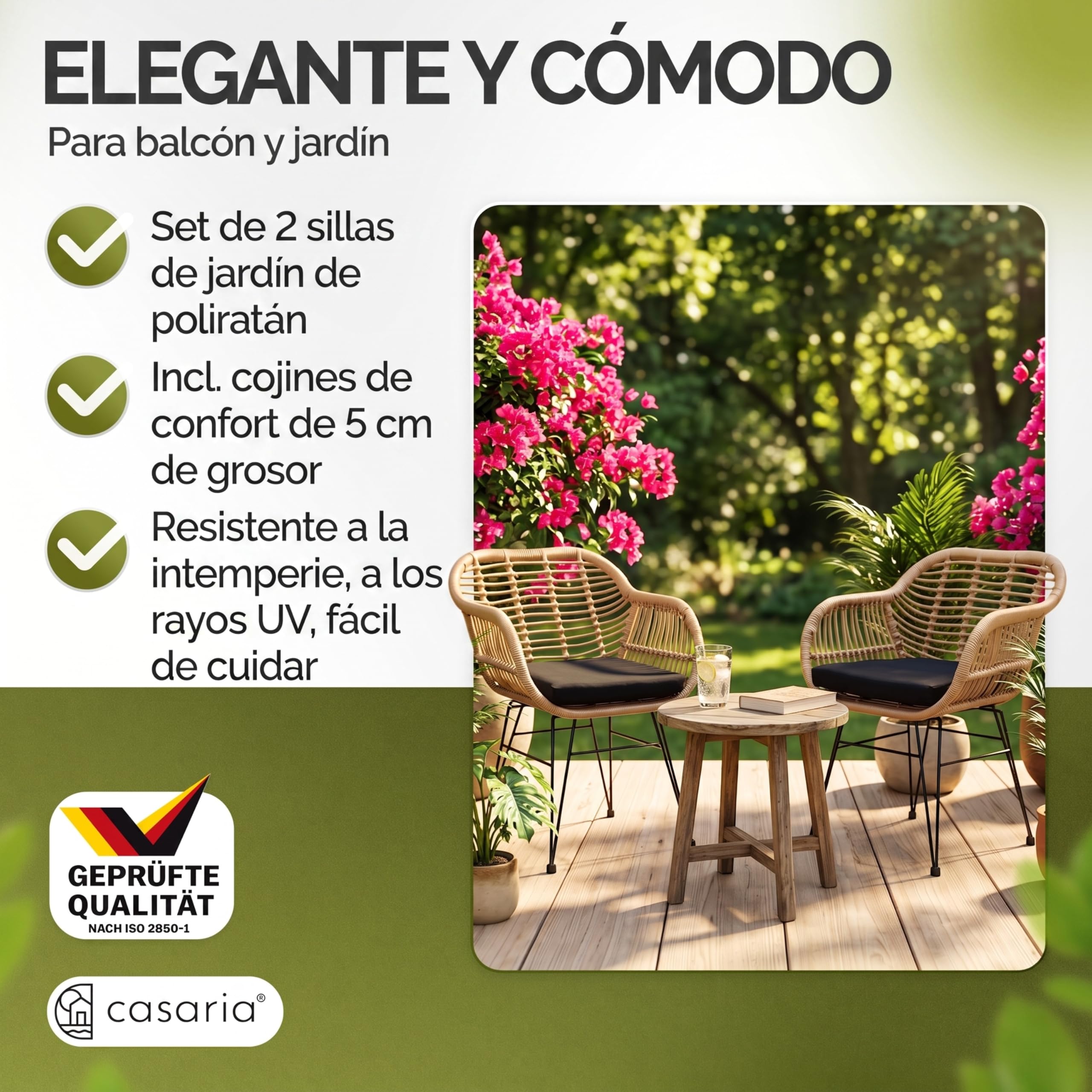CASARIA Sillas de Jardín Set de 2 Poliratán con Cojines