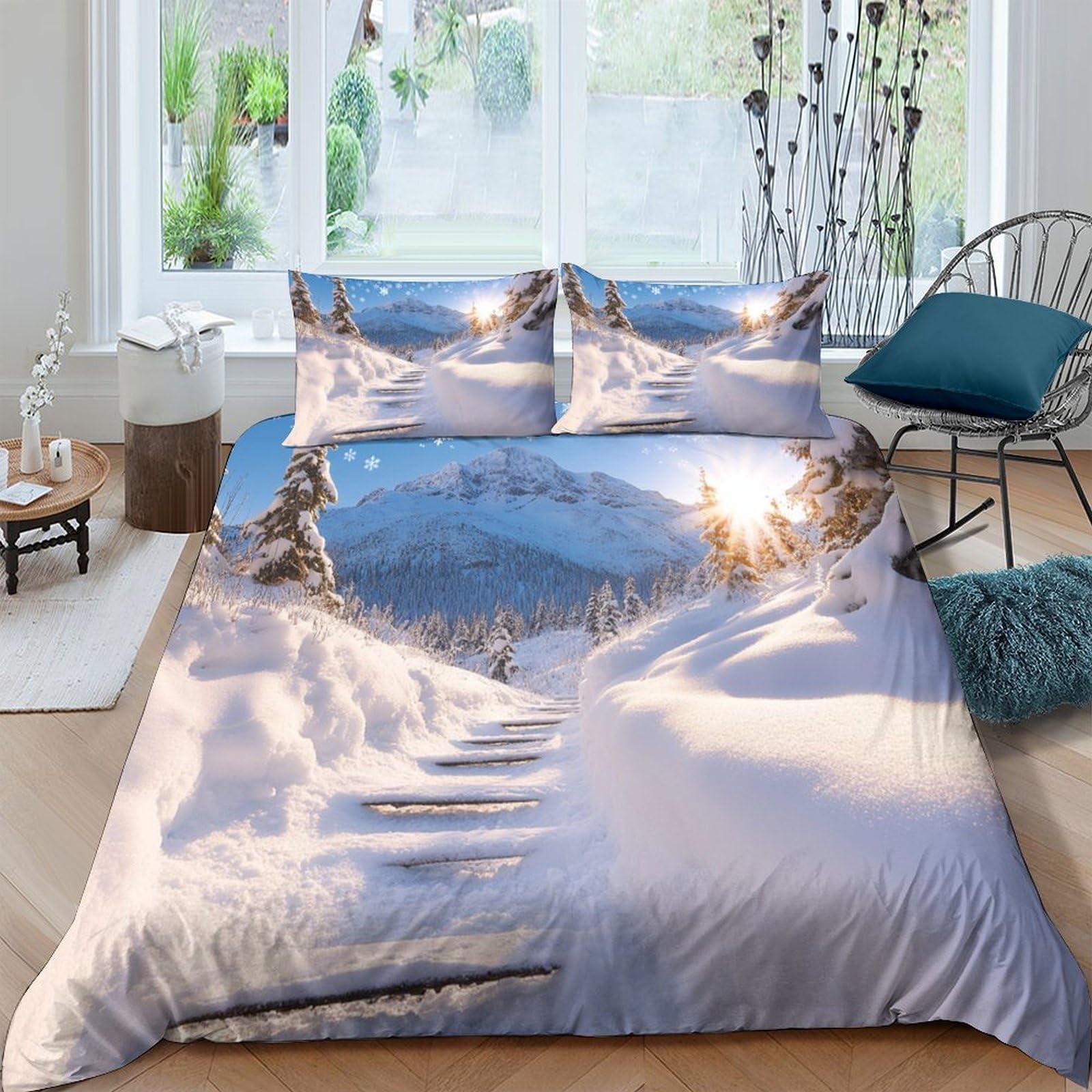 Ctjqhvkz Style-8 3D Printed Snow Mountain Sunrise Fitted Sheet Microfiber Anti-Slip Mattress Cover Winter Landscape Bedroom Decor Single（135X200cm）