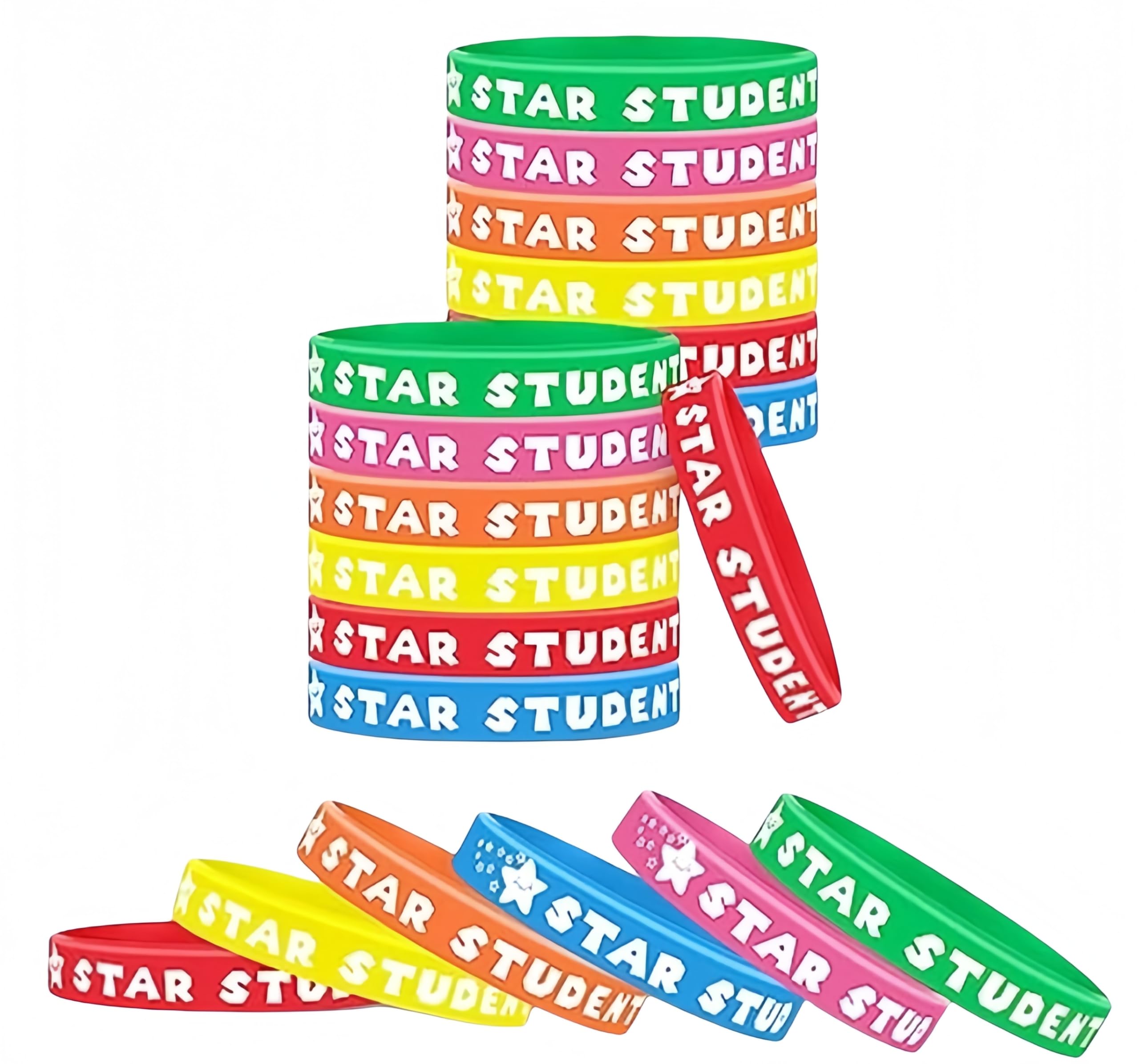 Dailychic 60 Pcs Star Student Wristbands,Silicone Color Reward Bracelets for Kids,School Classroom Teacher Recognition Award, Sports Office Education Activities Kids