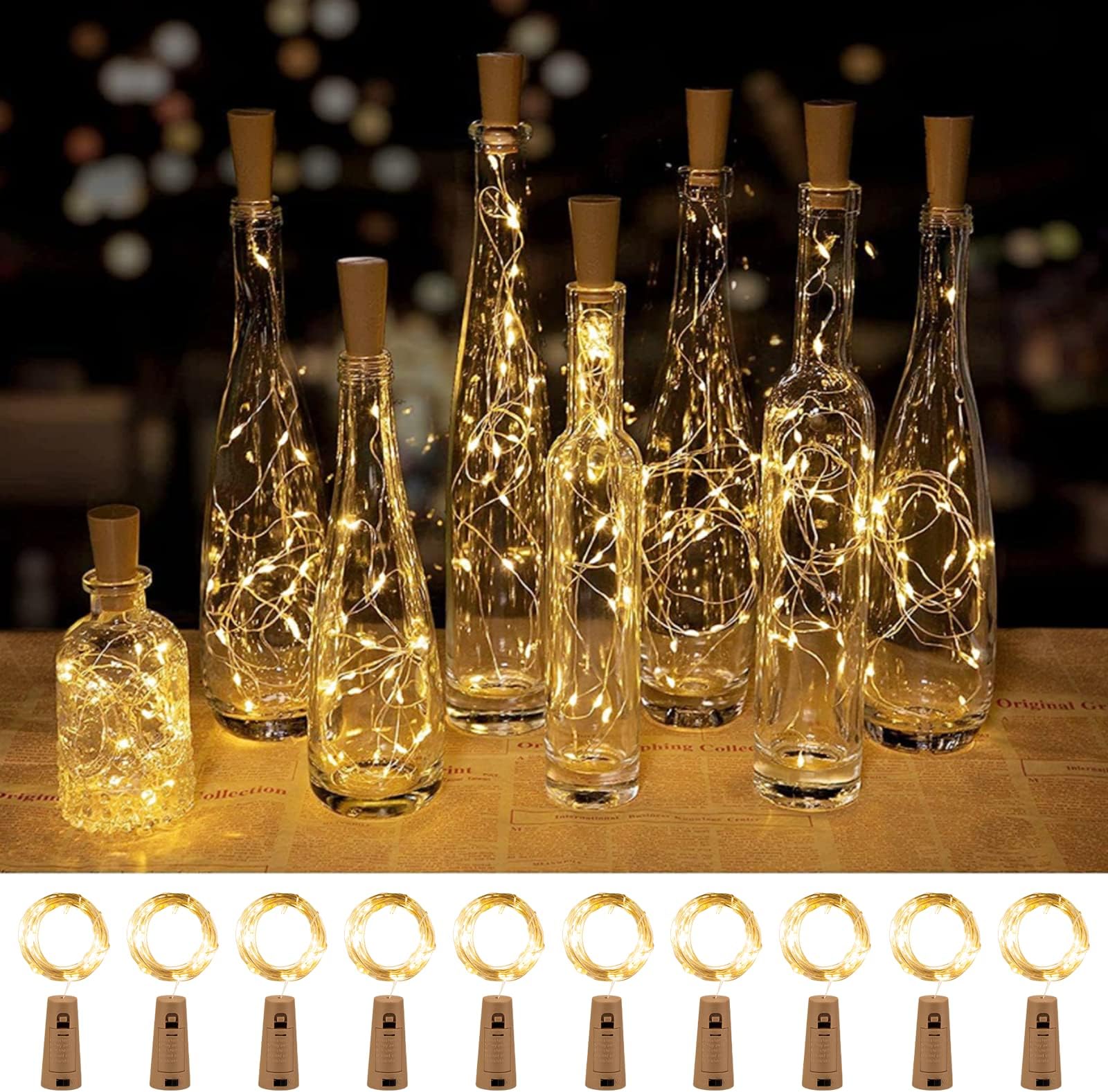Brightown Wine Bottle Lights with Cork, 10 Pack 20 LED Waterproof Battery Operated Cork Lights, Silver Wire Mini Fairy Lights for Liquor Bottles DIY Party Bar Christmas Wedding Décor