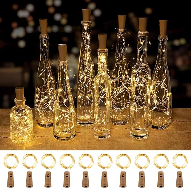 10 Pack Wine Bottle Lights with Cork, 2m 20 LED Battery Operated Cork Lights for Wine Bottles, Copper Wire Fairy Lights for Party Bar Wedding Birthday DIY Table Cnetrepieces Indoor Decor