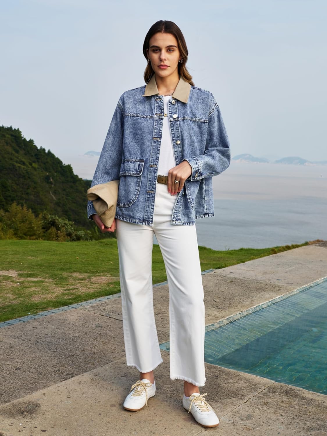 ELLEVEN Oversized Barn Denim Jackets for Women, Boyfriend Contrast Collar Button Down Jean Jacket Coats with Pockets - Image 5