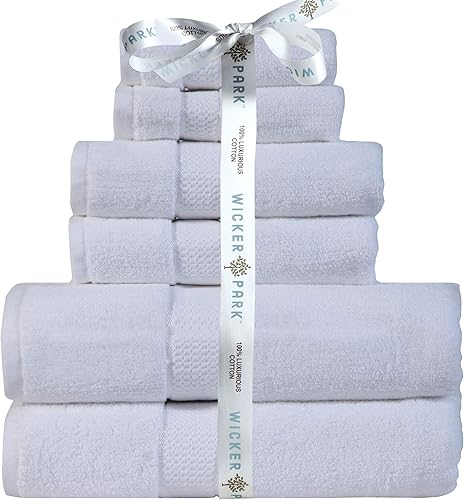 Dwell Studio Wicker Park - Juego de 6 toallas de algodón ultra suave (blanco) 2 toallas de baño, 2 toallas de mano, 2 toallas pequeñas, algodón de