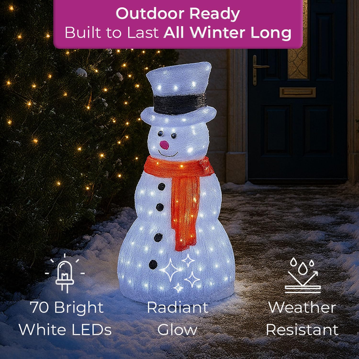 Neo Pupazzo di neve in acrilico, 70 cm, per esterni, festivo, Natale, giardino, portico, decorazione, esposizione, bianco caldo, luminoso, LED illuminato resistente alle intemperie
