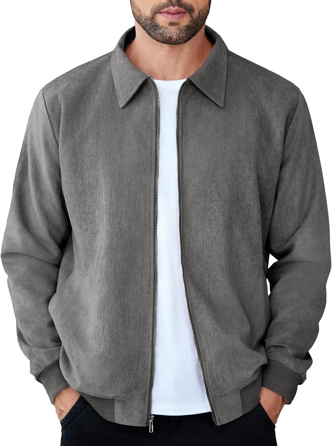 COOFANDY Men's Casual Suede Bomber Jacket Lightweight Full Zip Up Jackets Vintage Faux Leather Jacket