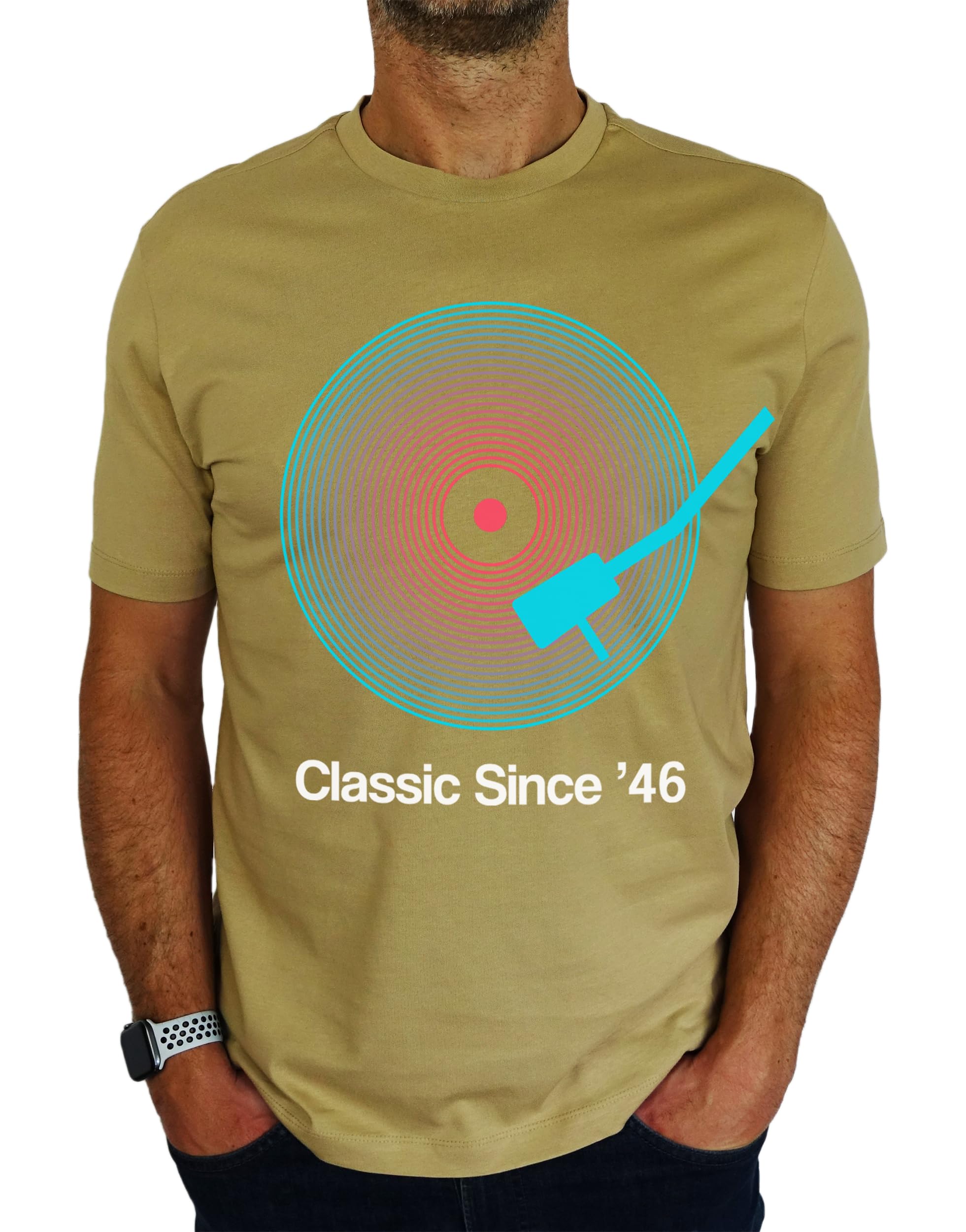 My Generation Gifts Men's Desert Sand 1946 Vinyl Record Neon - Classic Since - 80Th Birthday Gift | Present T-Shirt L