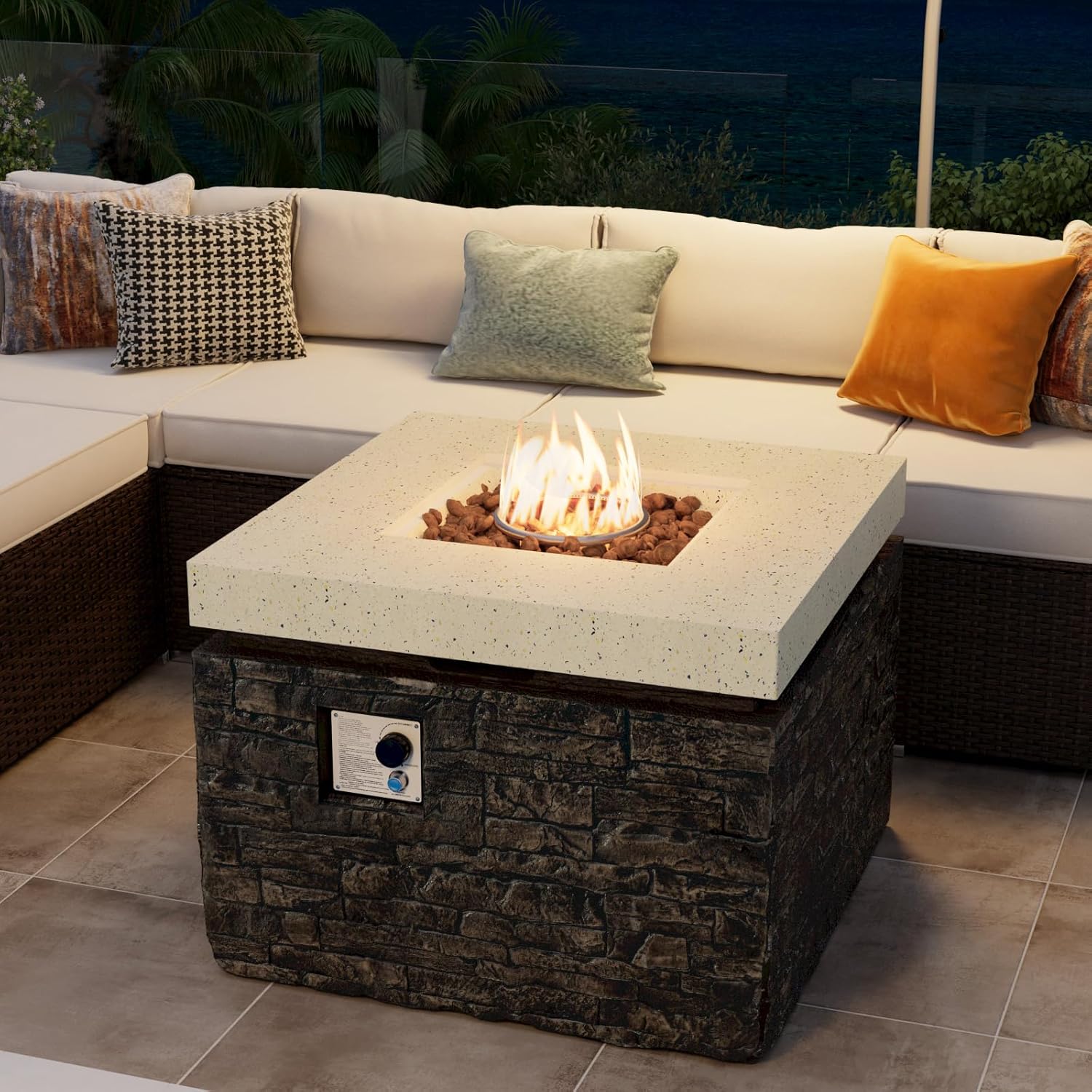 COSIEST 32-inch Outdoor Propane Fire Pit Table, Square Fire Table w Faux Brown Ledgestone, 40,000 BTU Stainless Steel Burner, Free Lava Rocks, Fits 20lb Tank Inside