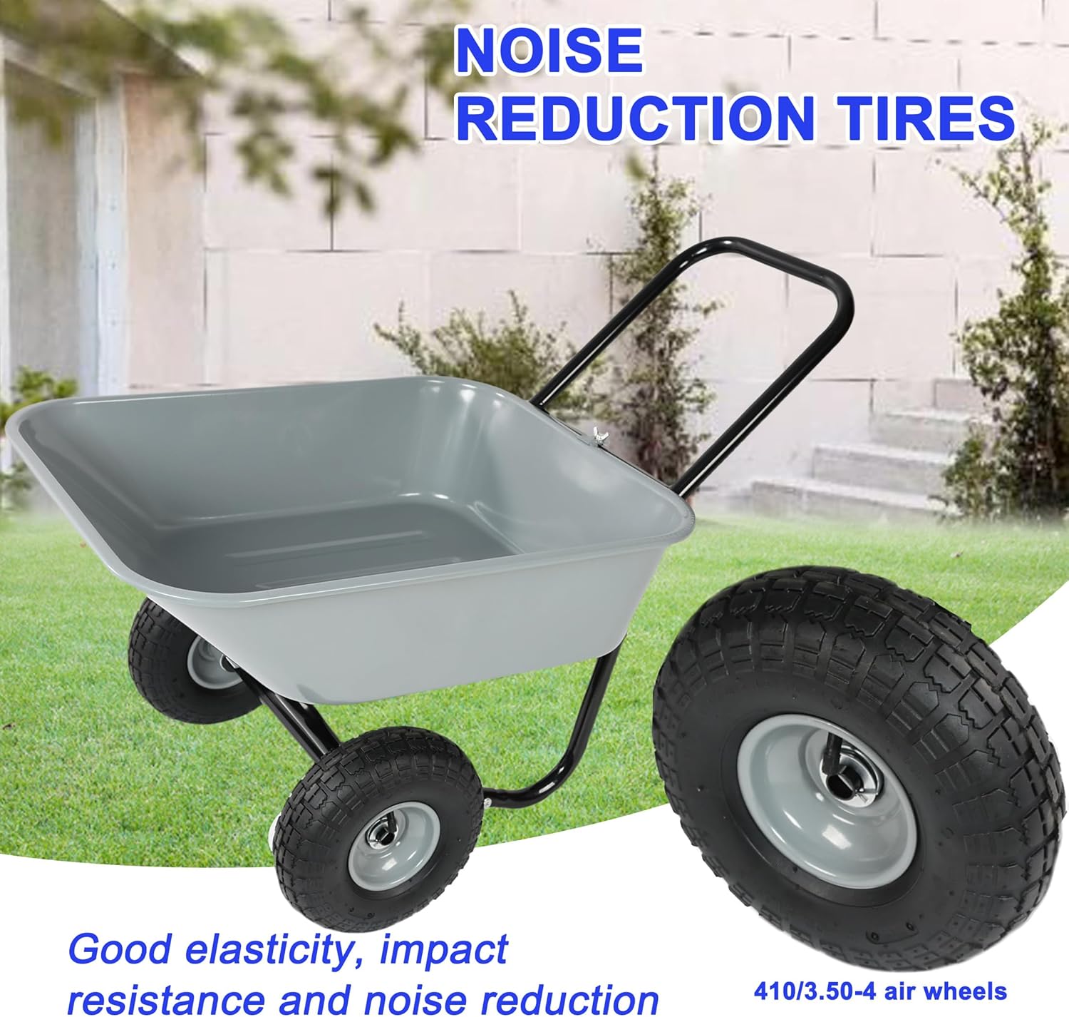 Dual Wheel Garden Wheelbarrow, 35L Heavy Duty Dual Wheel Yard Cart with 10" Pneumatic Tires, Leak-Proof No-Hole Design, Grey ABS+Steel Frame for Garden, Yard & Construction (Grey)