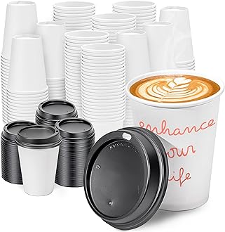 Fit Meal Prep 100 Pack 12 oz Disposable Coffee Cups with Lids, Premium Paper To Go Coffee Cups, Leak Proof Hot Coffee Cups with Lids for Travel, Office, Hot/Cold Beverages (Black Lids)