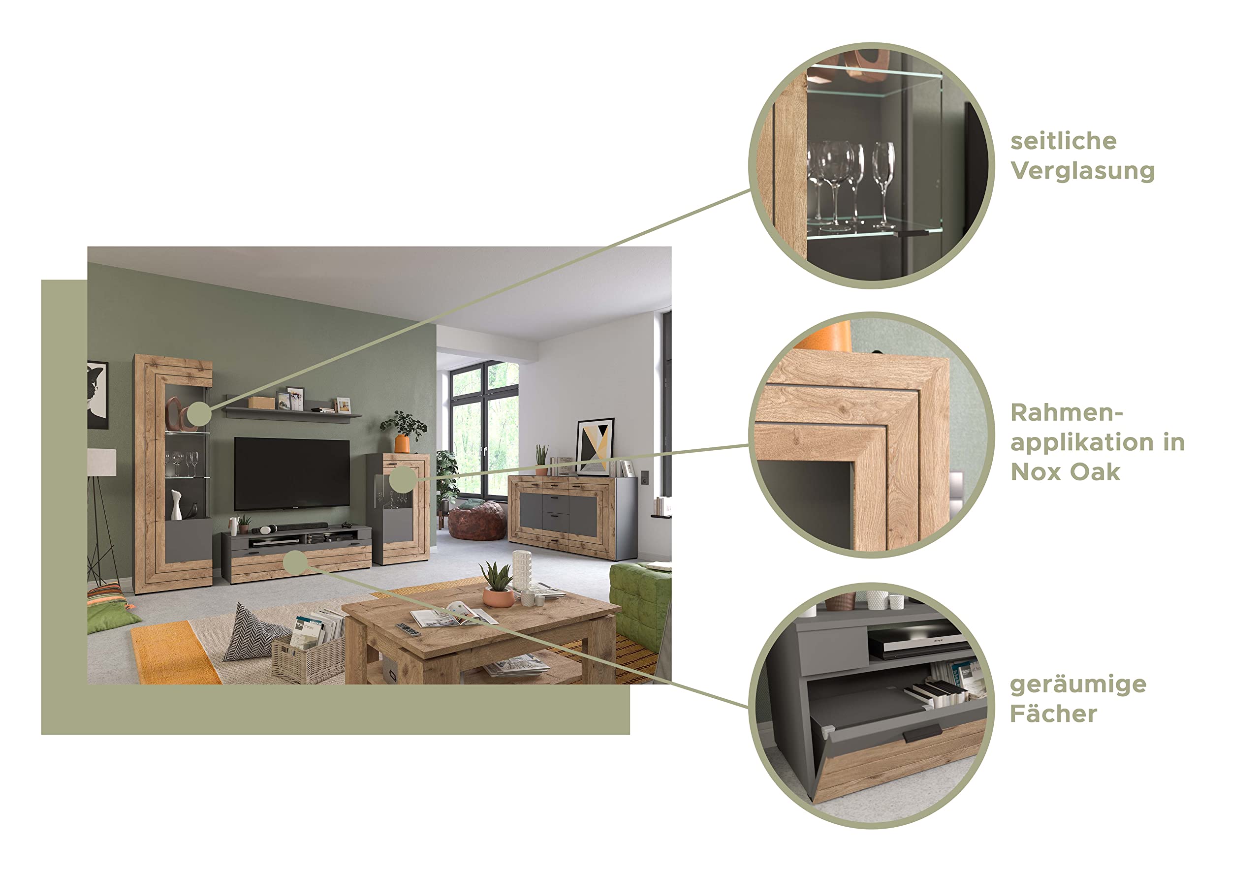 xonox.home - 4tlg. Kombination Freno 40x290x194 cm in grau Nb Absetzung Nox Oak Nb - Wohnkombination Wohnwand Wohnzimmermöbel Wohnzimmerschrank - modern und funktional