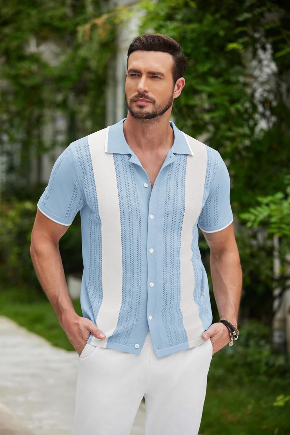 COOFANDY Men's Knit Button Down Shirt Vintage Short Sleeve Polo Shirts Casual Beach Tops - Image 2