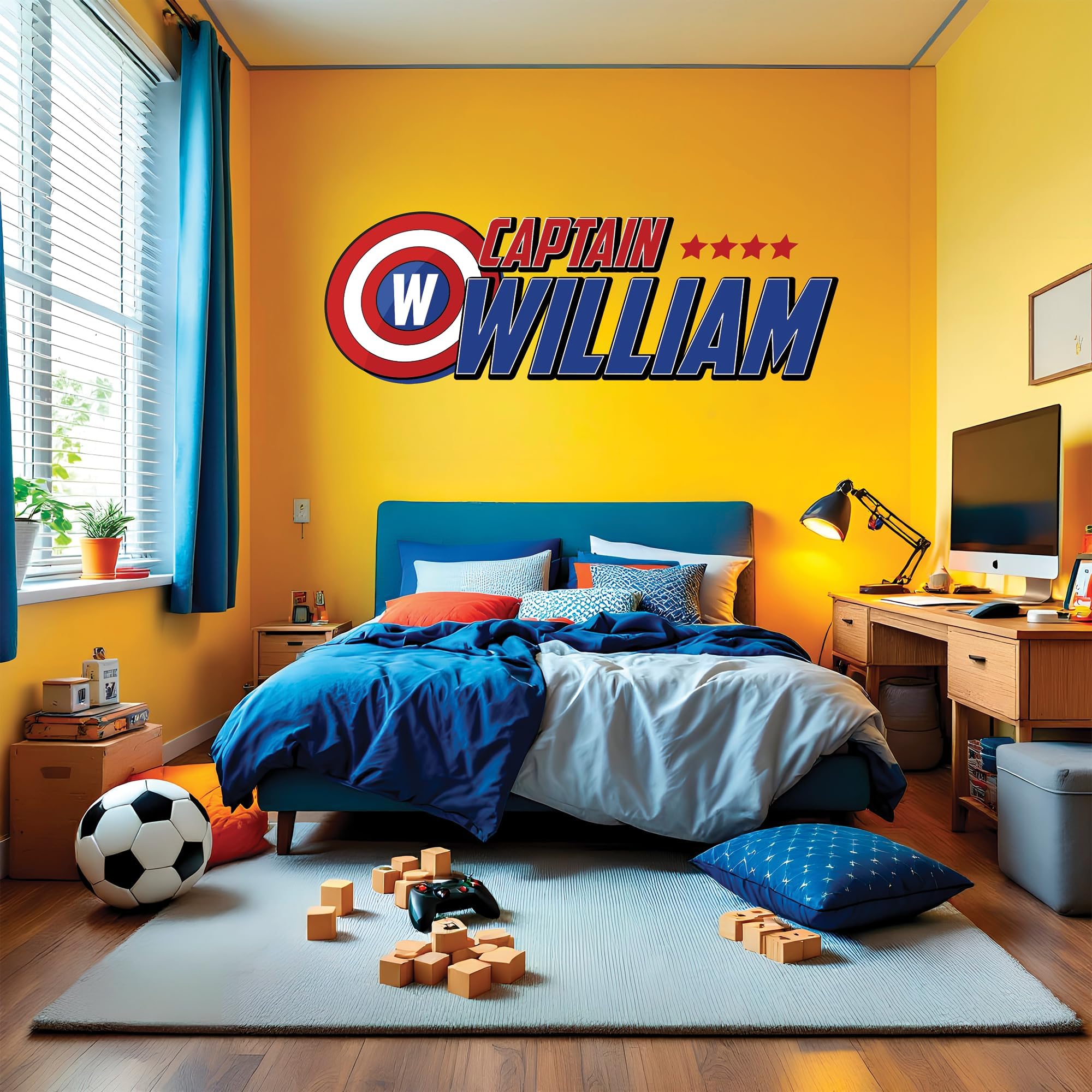 Custom Name Superhero Wall Decals for Kids – Peel and Stick Vinyl Wall Sticker – Removable Kids Room Decor – Red Blue Adventure Theme – Multicolor Studio-PN-CA.01