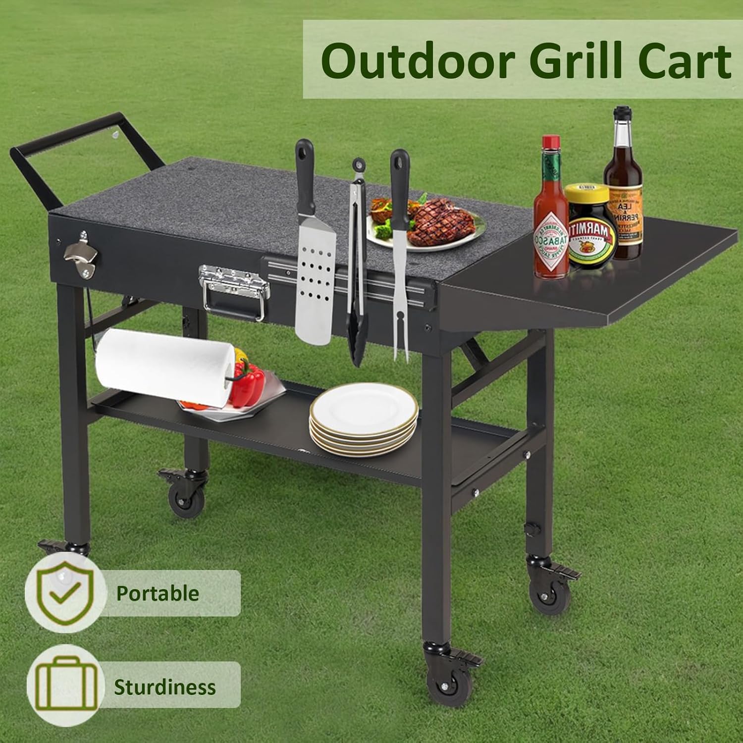 Grill Table & Cart for Blackstone Griddle, Portable Foldable Outdoor Griddle Stand with Wheels & Caddy, Fit 17 inch and 22 inch Tabletop Grill, BBQ Prep Table with Seasoning Tray for Camping