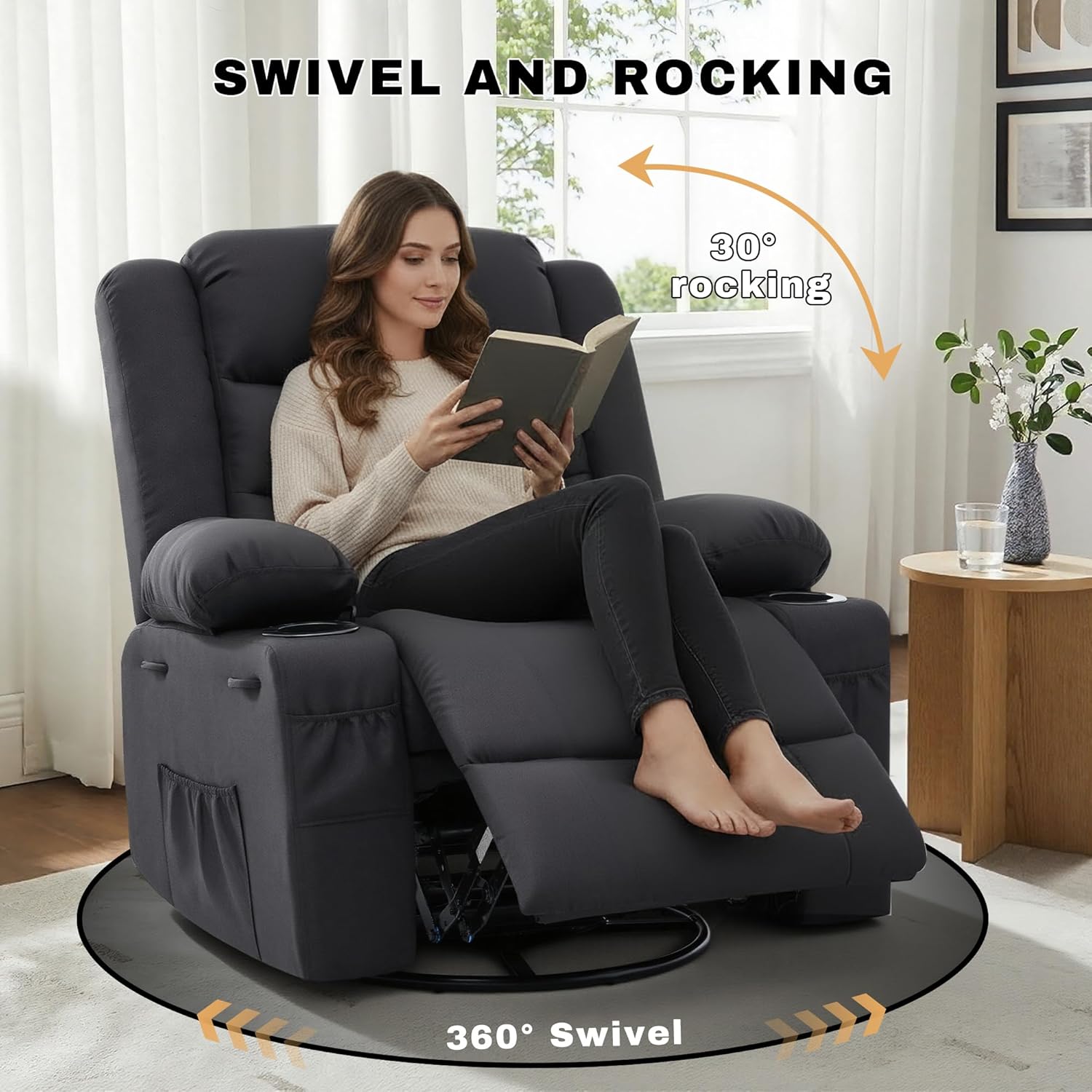 Rocker Recliner Chair,360° Swivel Recliner Chair for Adults,Oversized Single Sofa Seat with Cup Holders,Recliner Single Sofa with Side Pocket (Black)