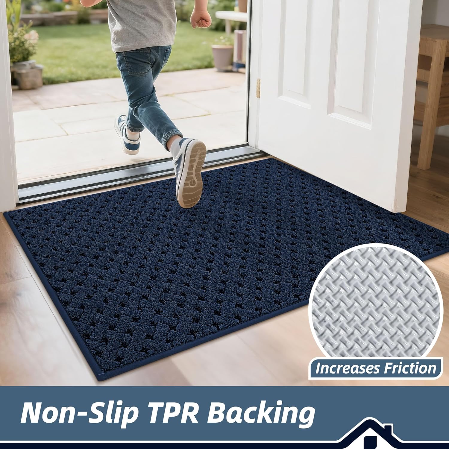 BEQHAUSE Dirt Trapper Door Mat Non-Slip Entryway Rugs Stain Resistant Absorbent Dog Doormats Woven-Look Washable Welcome Floor Doormat for Front Back Door, Dirty Wet Shoes & Paws, 24" x 36", Blue