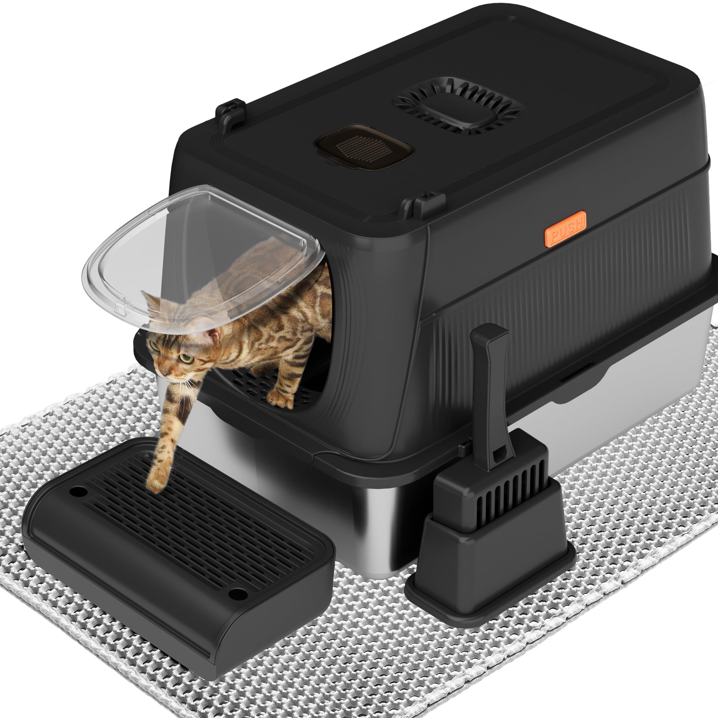 Citylife Arenero para Gatos Cubierto de Acero Inoxidable, Arenero Grande XXL para Gatos con Pala y Estera de Doble Capa, Que es sin Olor y fácil de limpiarperior, para Varios Gatos, Negro