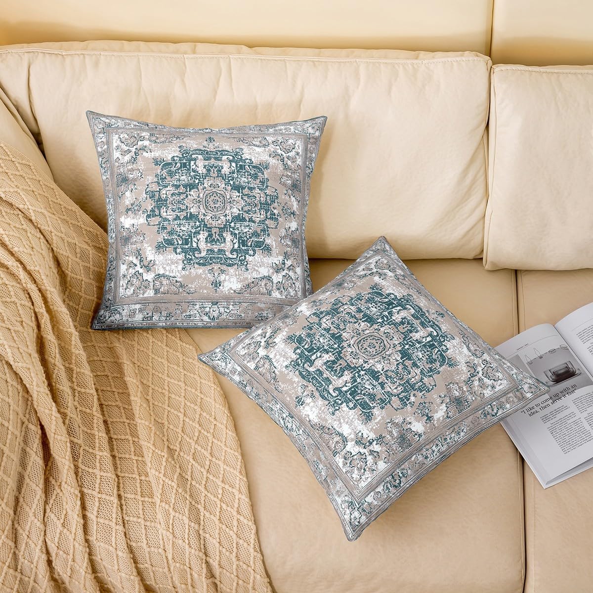 Erosebridal Pack of 2 Antique Throw Pillow Covers 24x24, Boho Pillow Covers, Blue Khaki Damask Floral Bohemian Flowers Retro Cushion Covers, Exotic Tribal Medallion Egyptian Cushion Cases