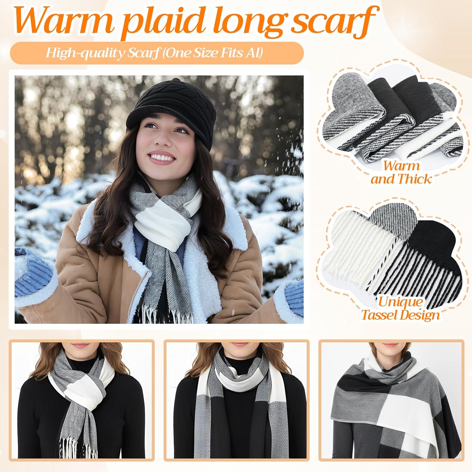 4 pcs Winter Warm Set for Women, Knit Beanie Hat with Brim, Touch Screen Gloves, Long Plaid Scarf & Ear Warmer - Image 5