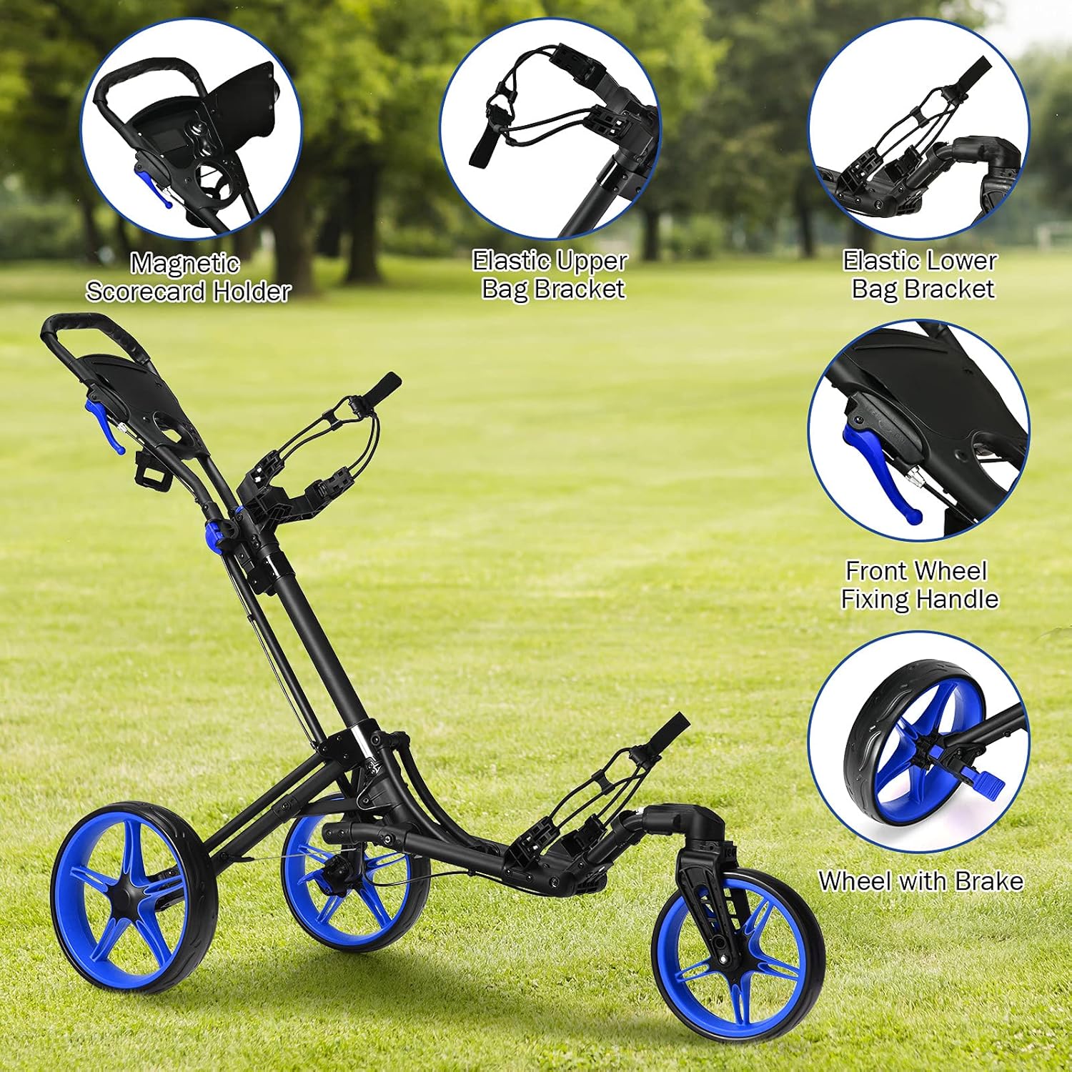 GYMAX Folding Golf Push Cart with Swivel Front Wheel, 3 Wheel Adjustable Golf Pull Cart, Easy Folding Compact Golf Trolley for Clubs