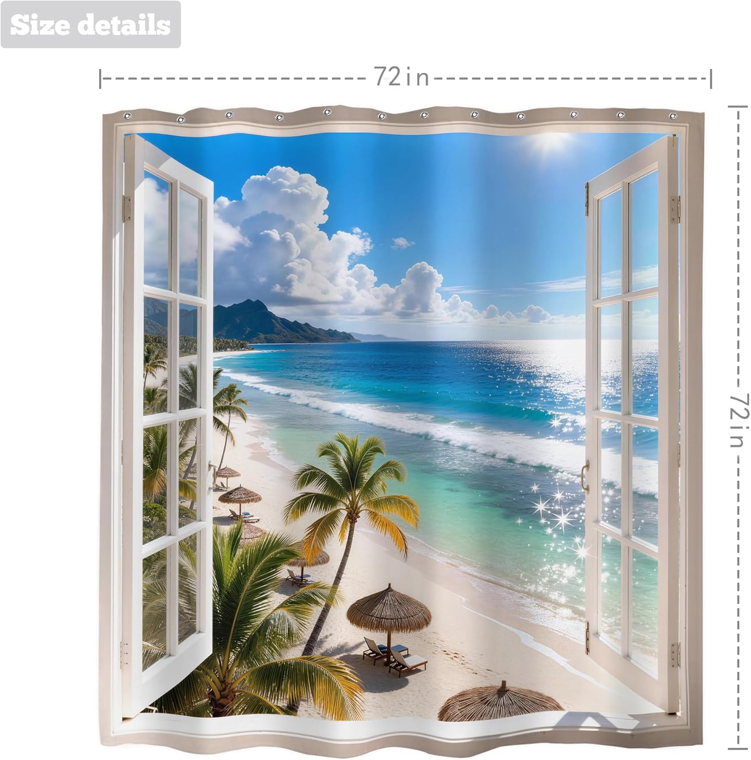 LIGHTINHOME Ocean Beach Shower Curtain 72Wx72H Inches Hawaii Window Scenery Tropical Palm Tree Sea Wave Seaside Summer Nature Cloth Fabric Waterproof Polyester Bathroom Home Decor Set with Hooks